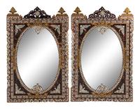 A Pair of Levantine Bronze Mounted Marquetry and Mother-of-Pearl Mirrors