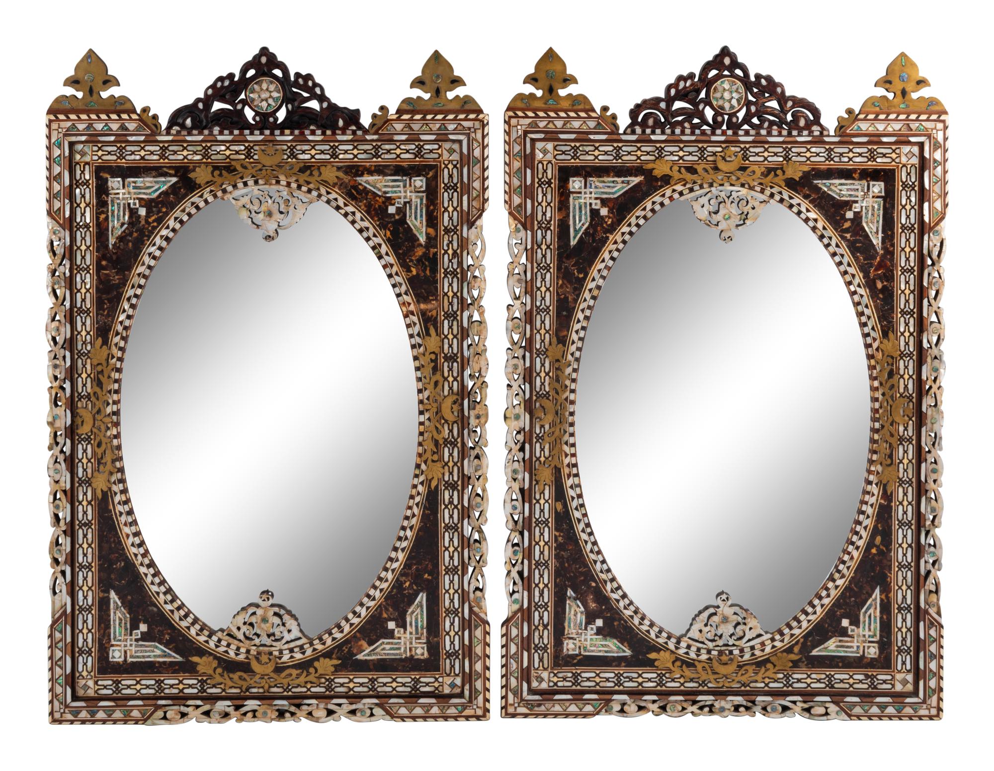 A Pair of Levantine Bronze Mounted Marquetry and Mother-of-Pearl Mirrors