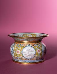 A Canton Enamel on Copper 'Quails' Spittoon