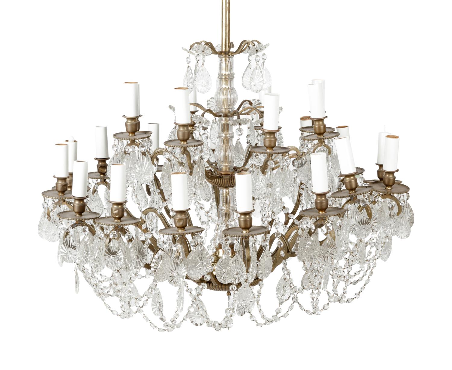 A Continental Bronze and Cut Glass Twenty-Four-Light Chandelier