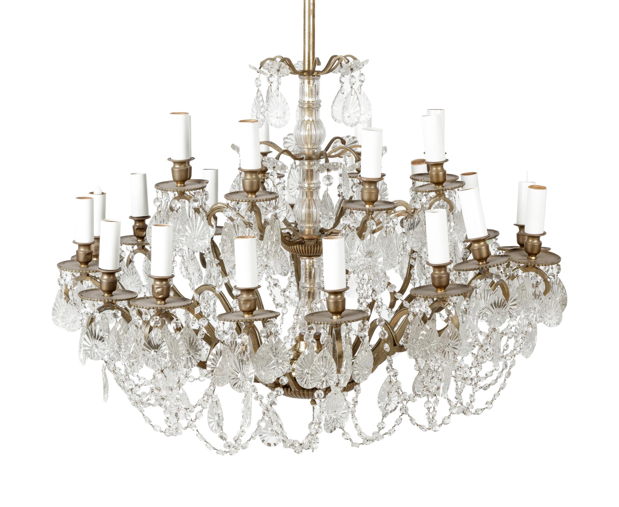 A Continental Bronze and Cut Glass Twenty-Four-Light Chandelier