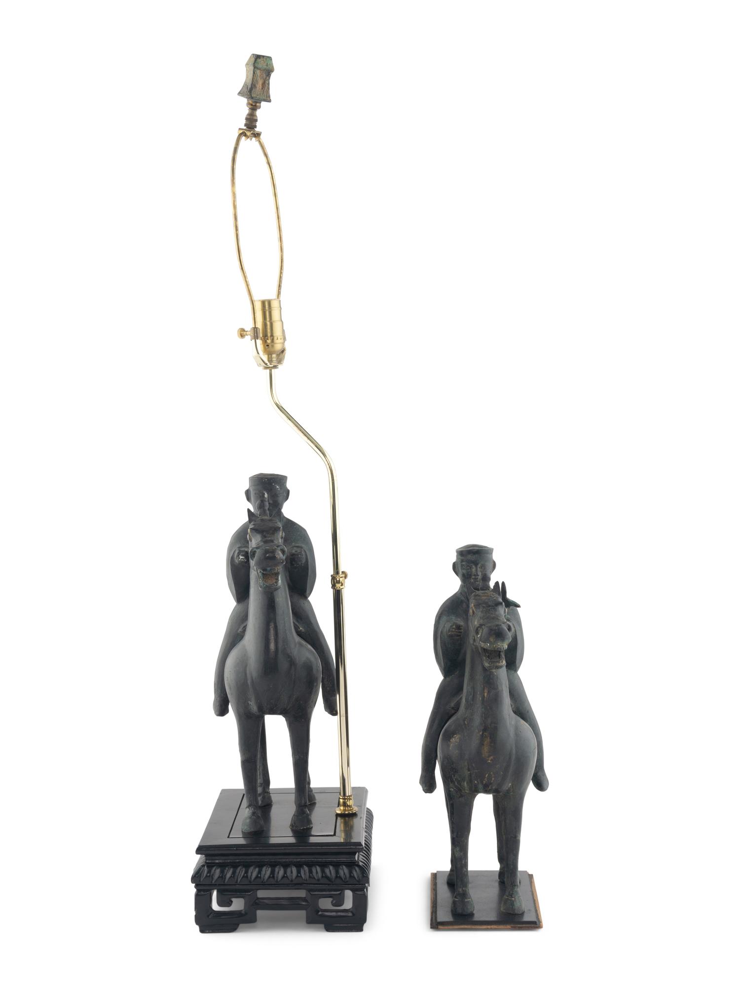 A Pair of Chinese Cast Metal Equestrian Figures Mounted as Lamps