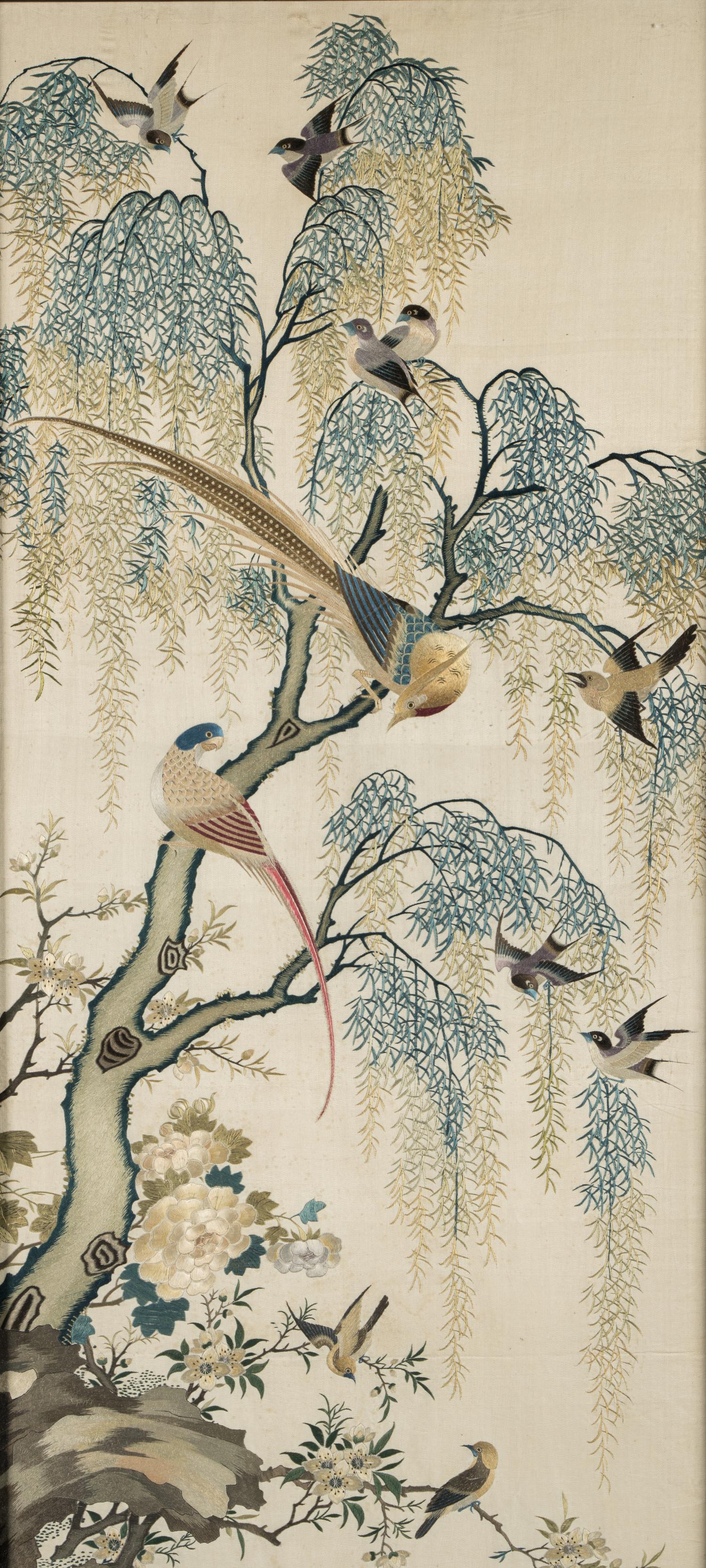 A Beige Ground Canton Style Embroidered Silk Panel