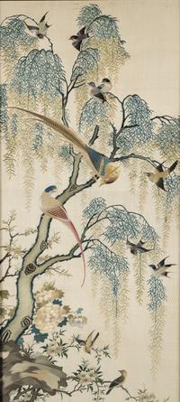 A Beige Ground Canton Style Embroidered Silk Panel