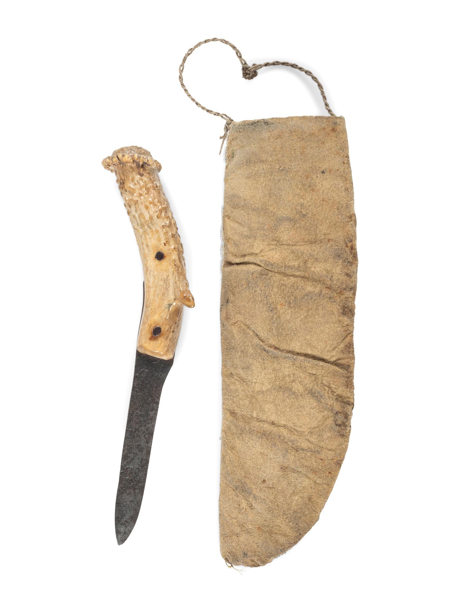 Sioux Beaded Buffalo Hide Knife Sheath, with Antler Handled Knife