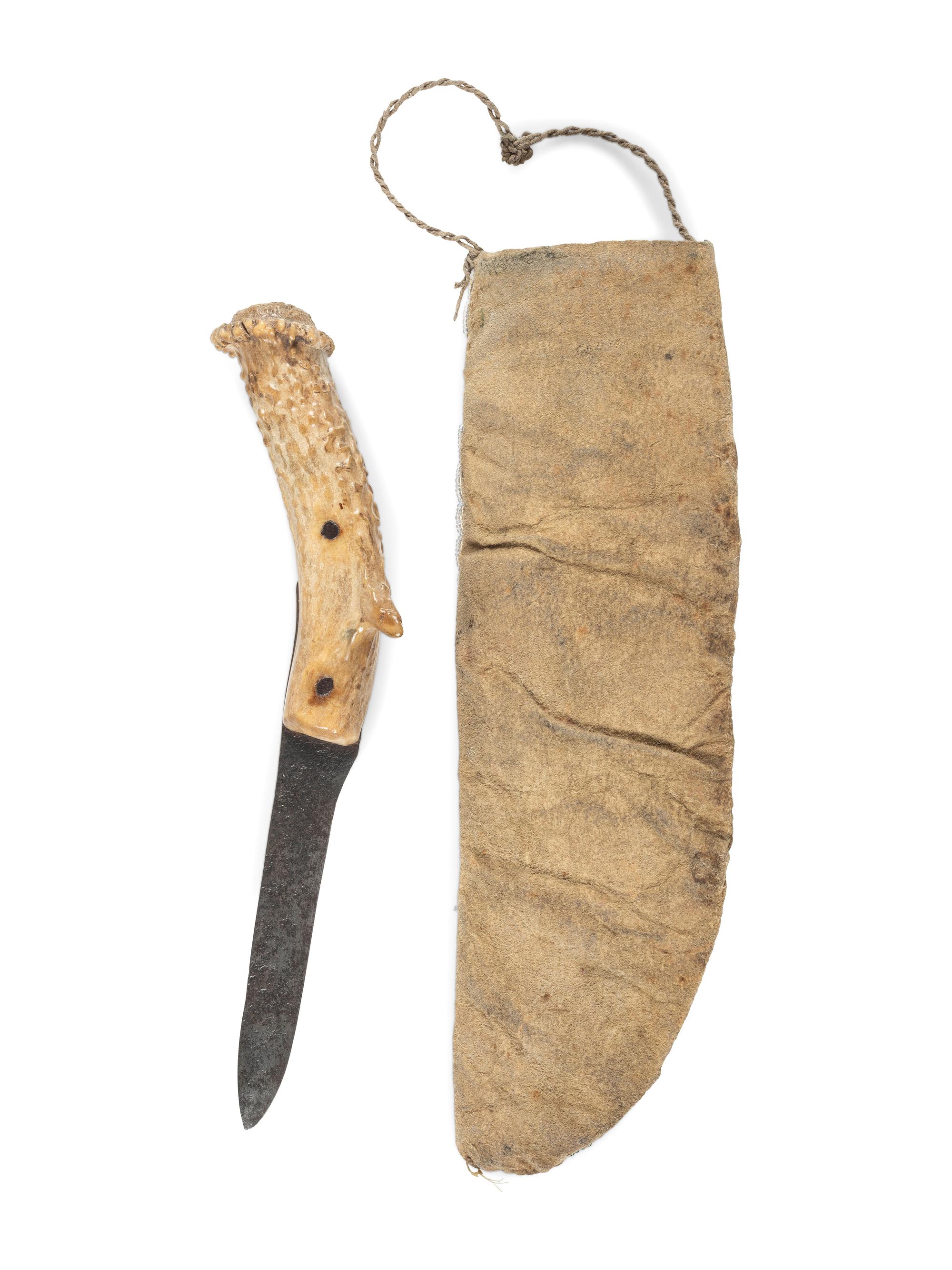 Sioux Beaded Buffalo Hide Knife Sheath, with Antler Handled Knife