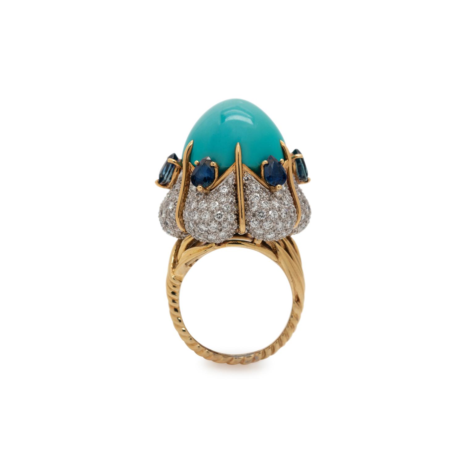 TURQUOISE, DIAMOND AND SAPPHIRE RING