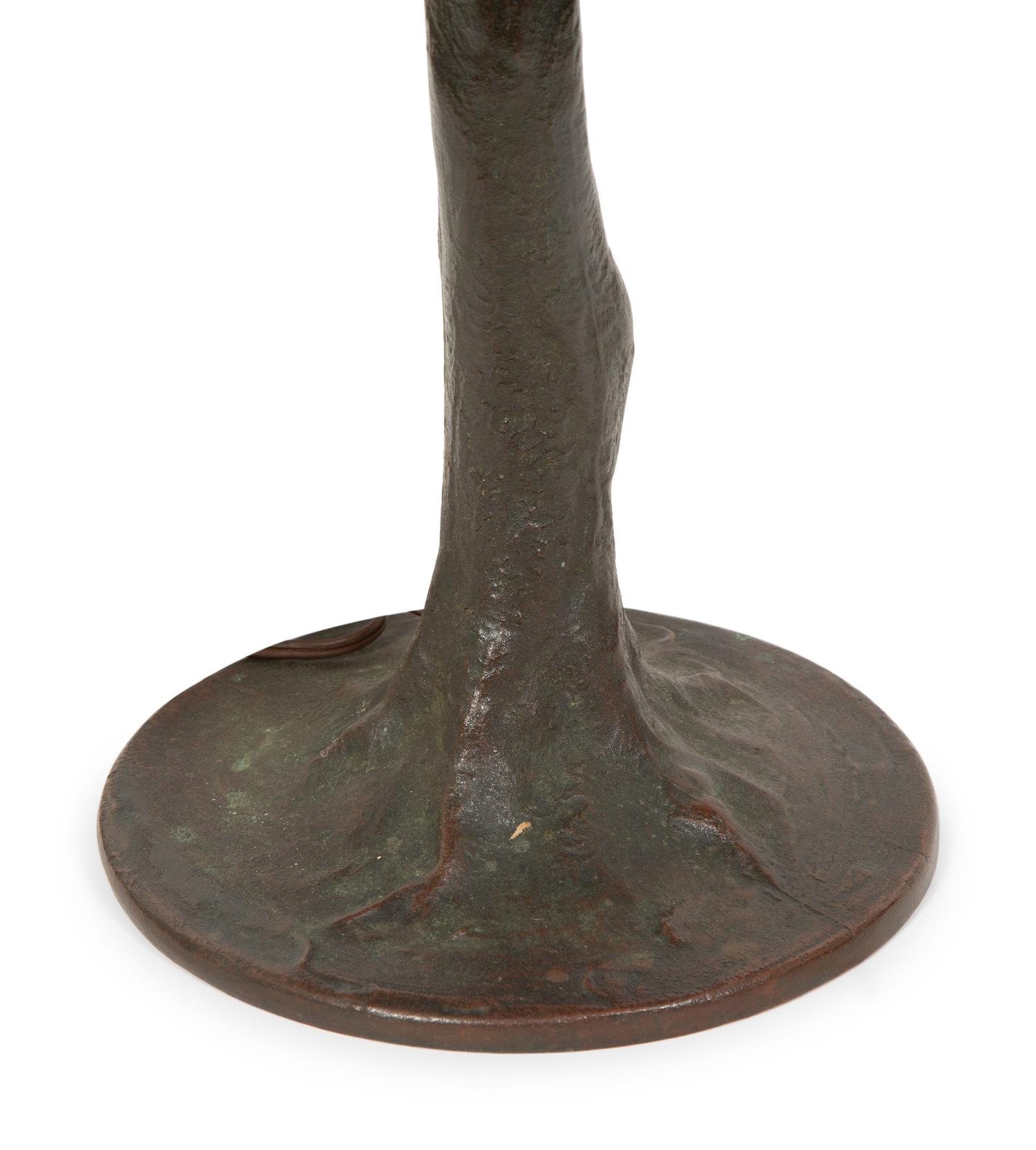 A Handel Bronze and Slag Glass Palm Tree and Sunset Table Lamp