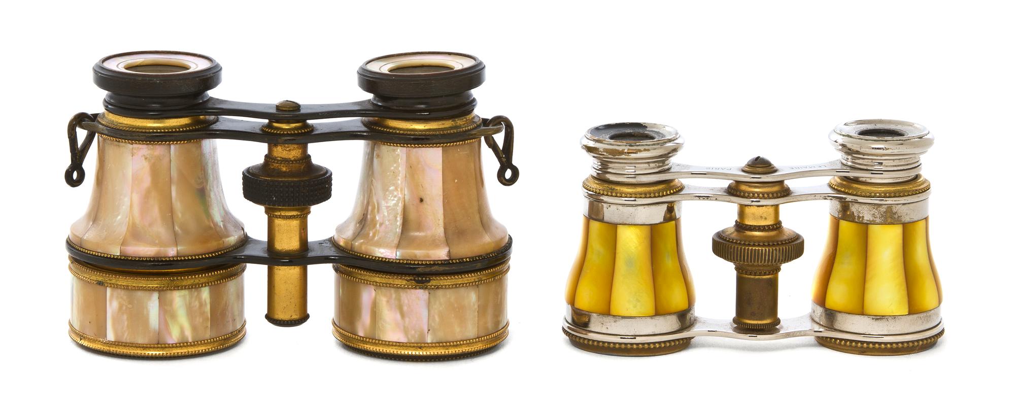 Two Pairs of Continental Mother-of-Pearl Veneered Opera Glasses, Width of first 4 1/4 inches.