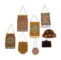 Collection of Eight Accessories; Seven Frame Bags, One Braided Soutache Cloche Hat, 1920s