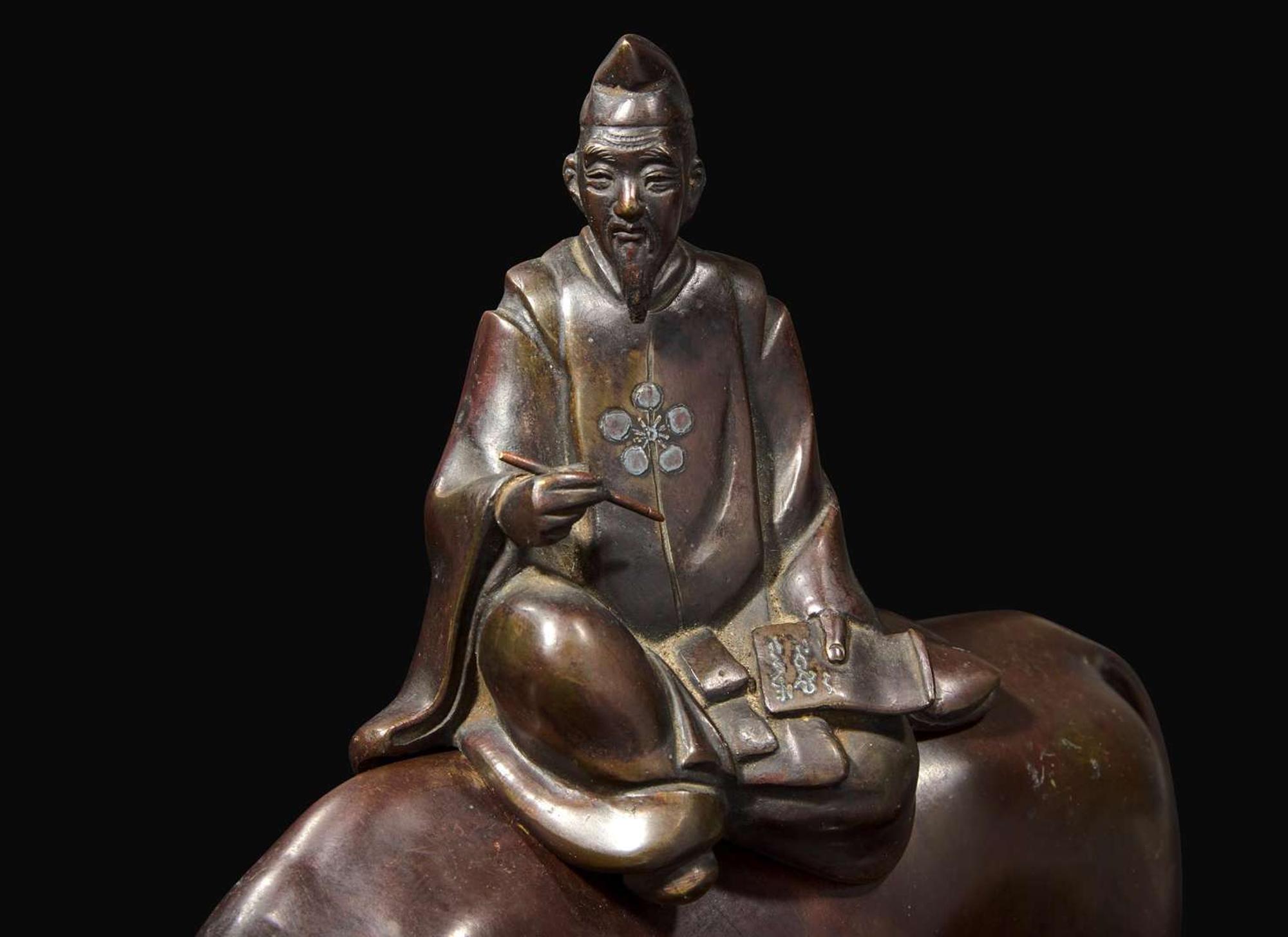 A Japanese silver-inlaid patinated bronze “Poet and Oxen” censer, Edo to Meiji period 日本嵌銀加漆高士與牛銅香爐 江戶或明治