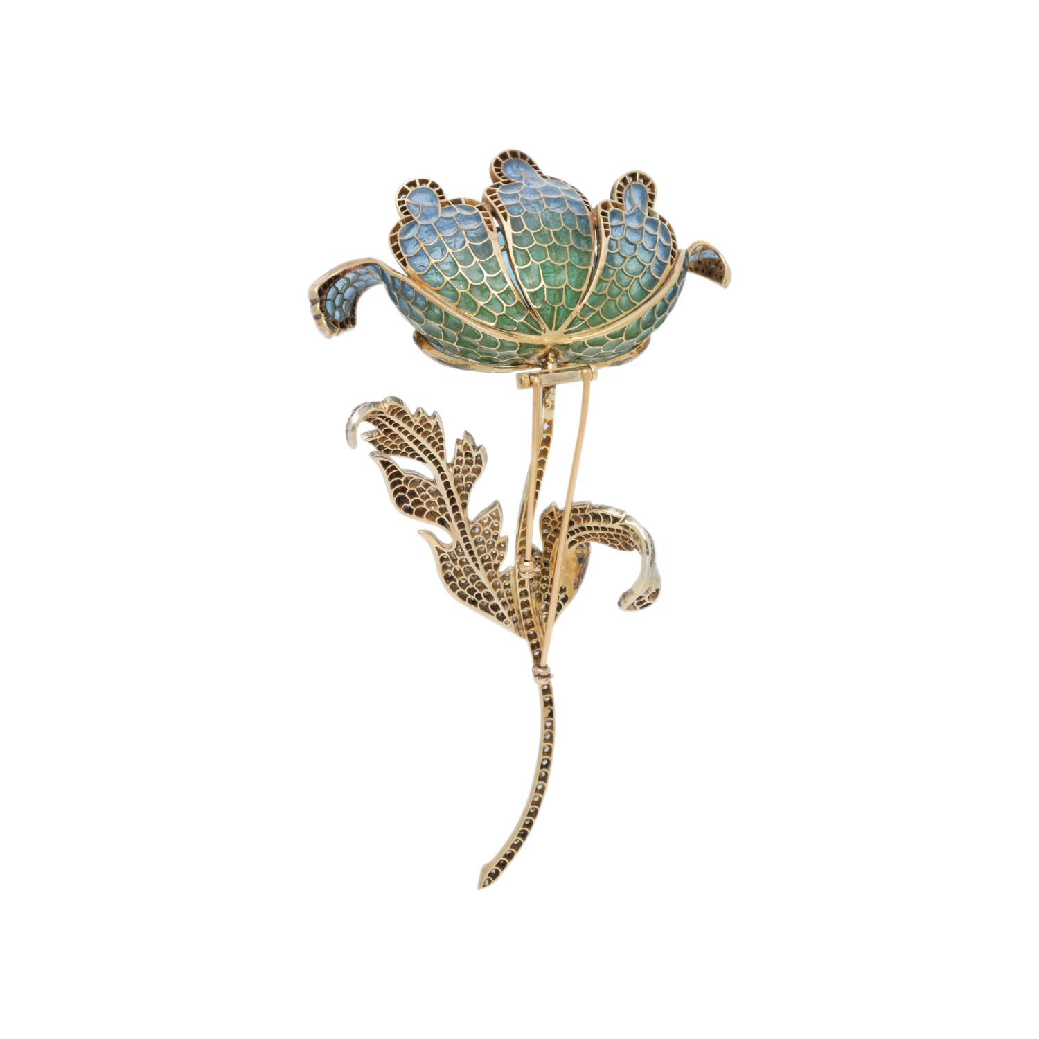 MOIRA, PLIQUE-À-JOUR ENAMEL, BLUE TOPAZ, DIAMOND, AND GOLD FLOWER BROOCH