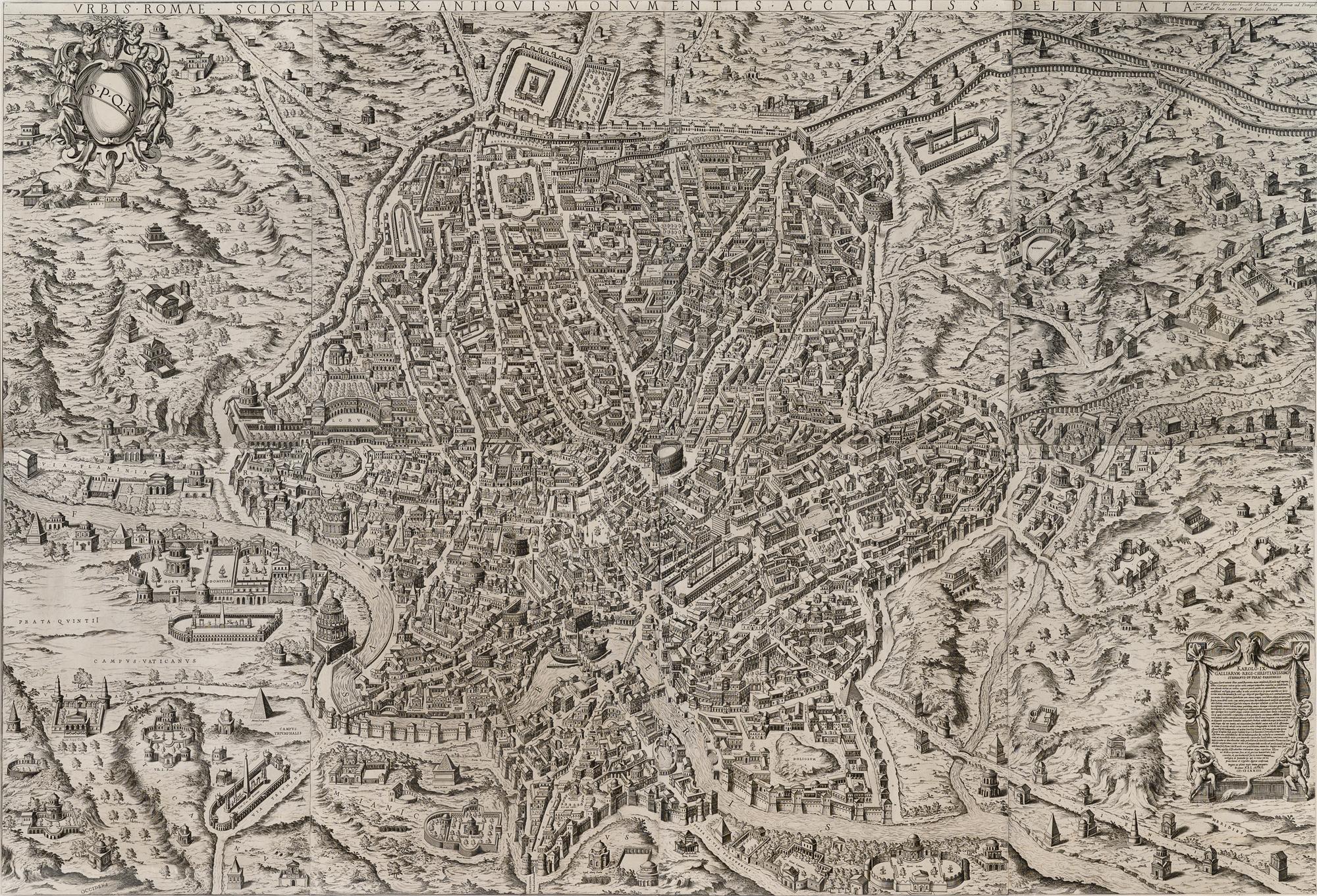 [ROME] -- DU PÉRAC, Etienne (ca 1525-1604). Urbis Romae Sciographia ex Antiquis Monumentis Accuratiss Delineata Descrizione . Rome: Giovanni Giacomo de Rossi, ca 1730.