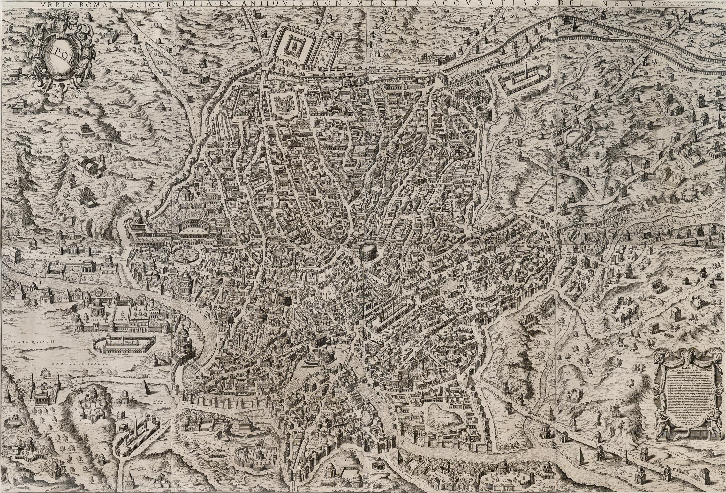 [ROME] -- DU PÉRAC, Etienne (ca 1525-1604). Urbis Romae Sciographia ex Antiquis Monumentis Accuratiss Delineata Descrizione . Rome: Giovanni Giacomo de Rossi, ca 1730.