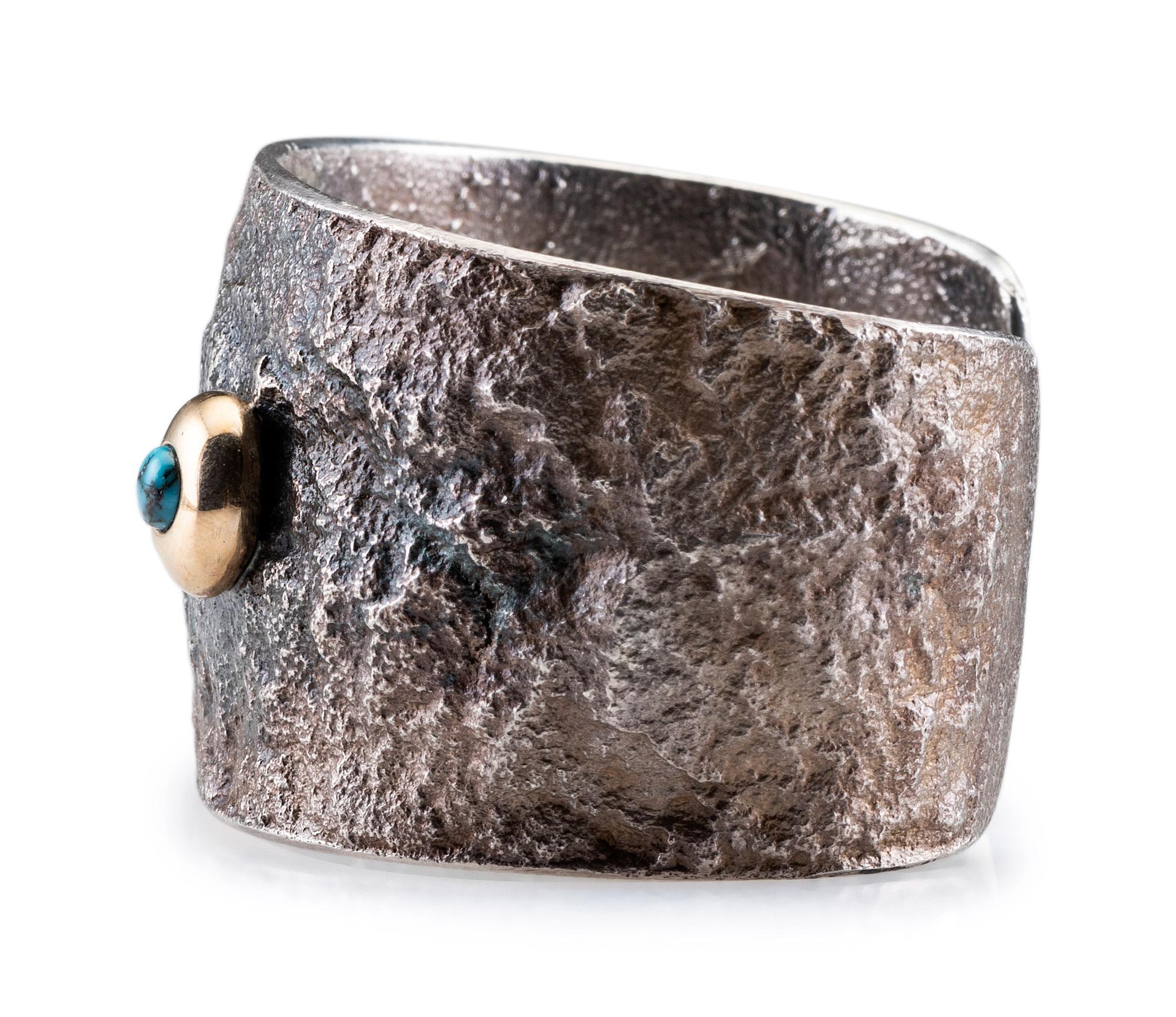Sterling Silver Tufa Cast Cuff Bracelet, with Offset Turquoise Cabochon in a 14K Gold Bezel