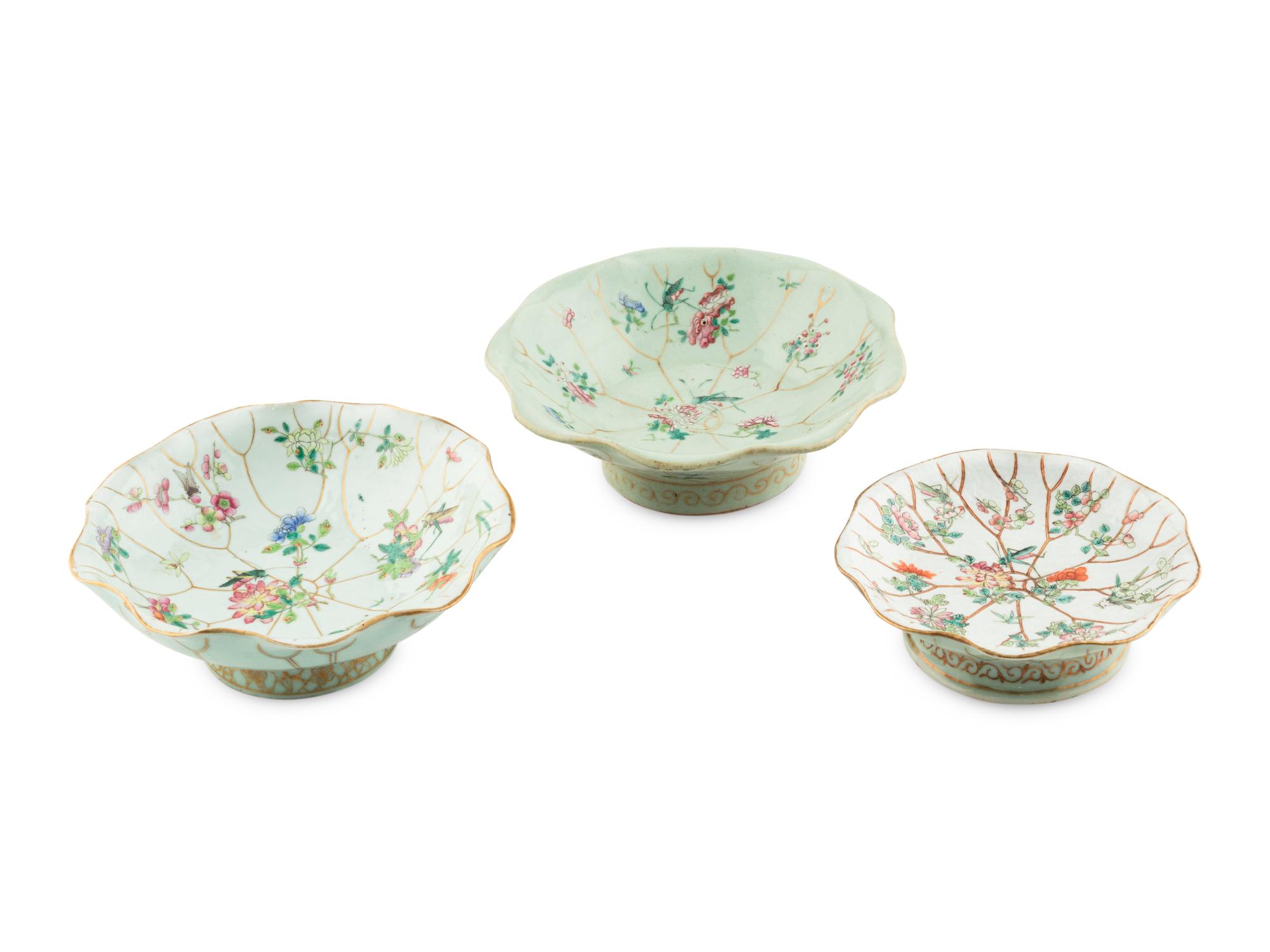 Three Chinese Celadon Glazed Famille Rose Porcelain Leaf-Form Fishes