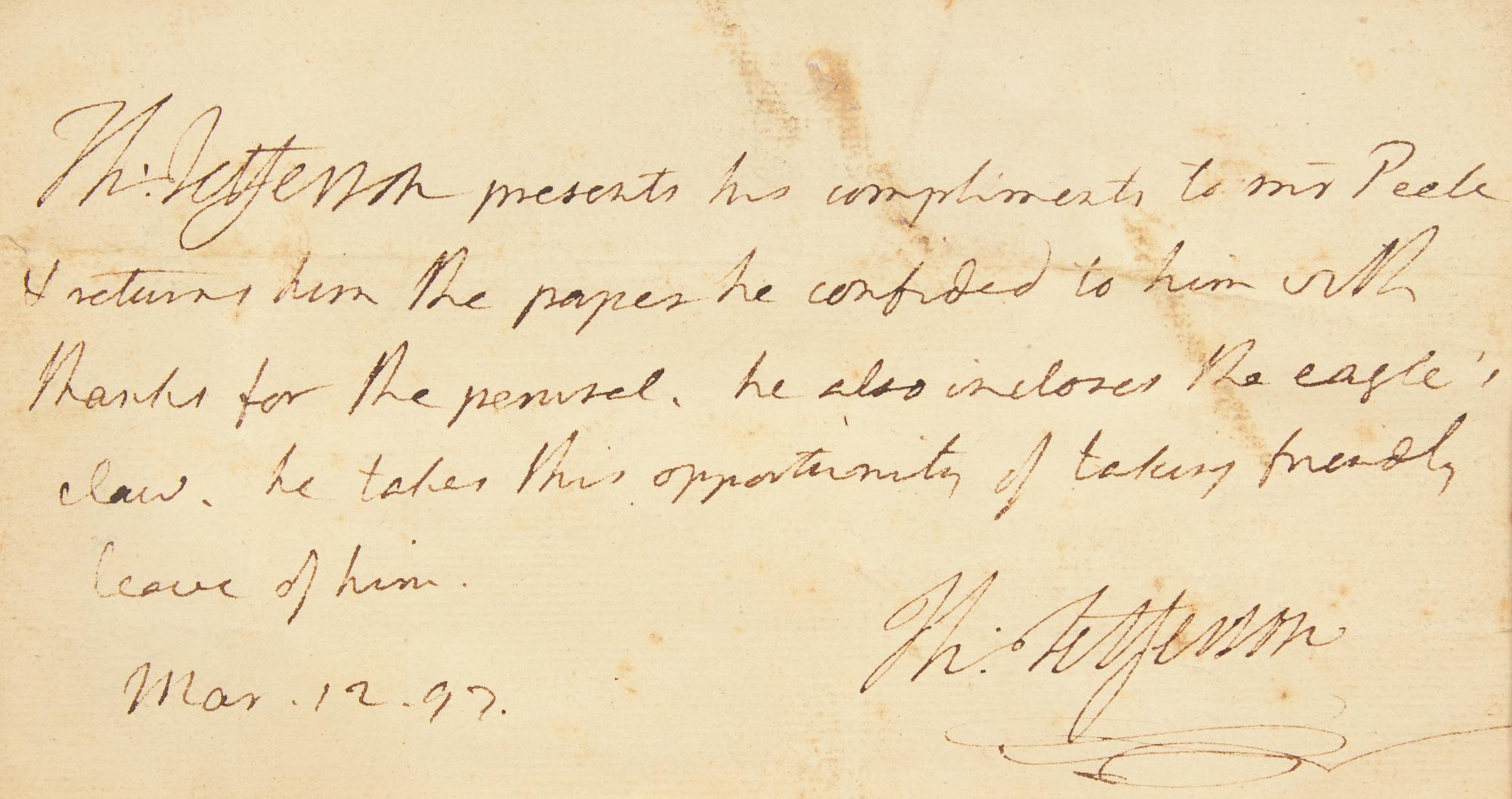 [Peale, Charles Willson] Jefferson, Thomas. Autograph Note, signed