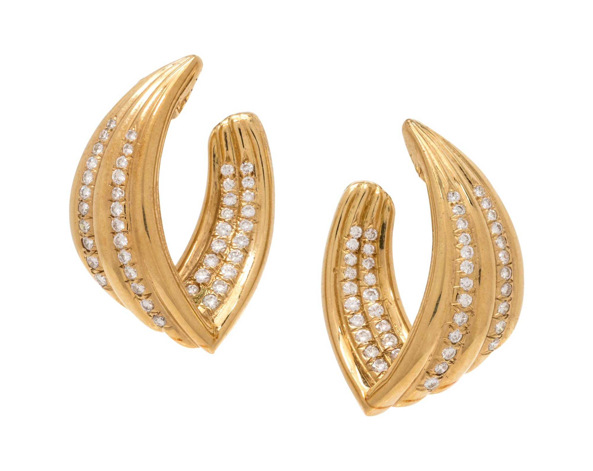 A Pair of 18 Karat Yellow Gold and Diamond Earclips, Italian,