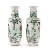 A Pair of Famille Verte Rouleau Vases Height of each 11 1/8 inches.