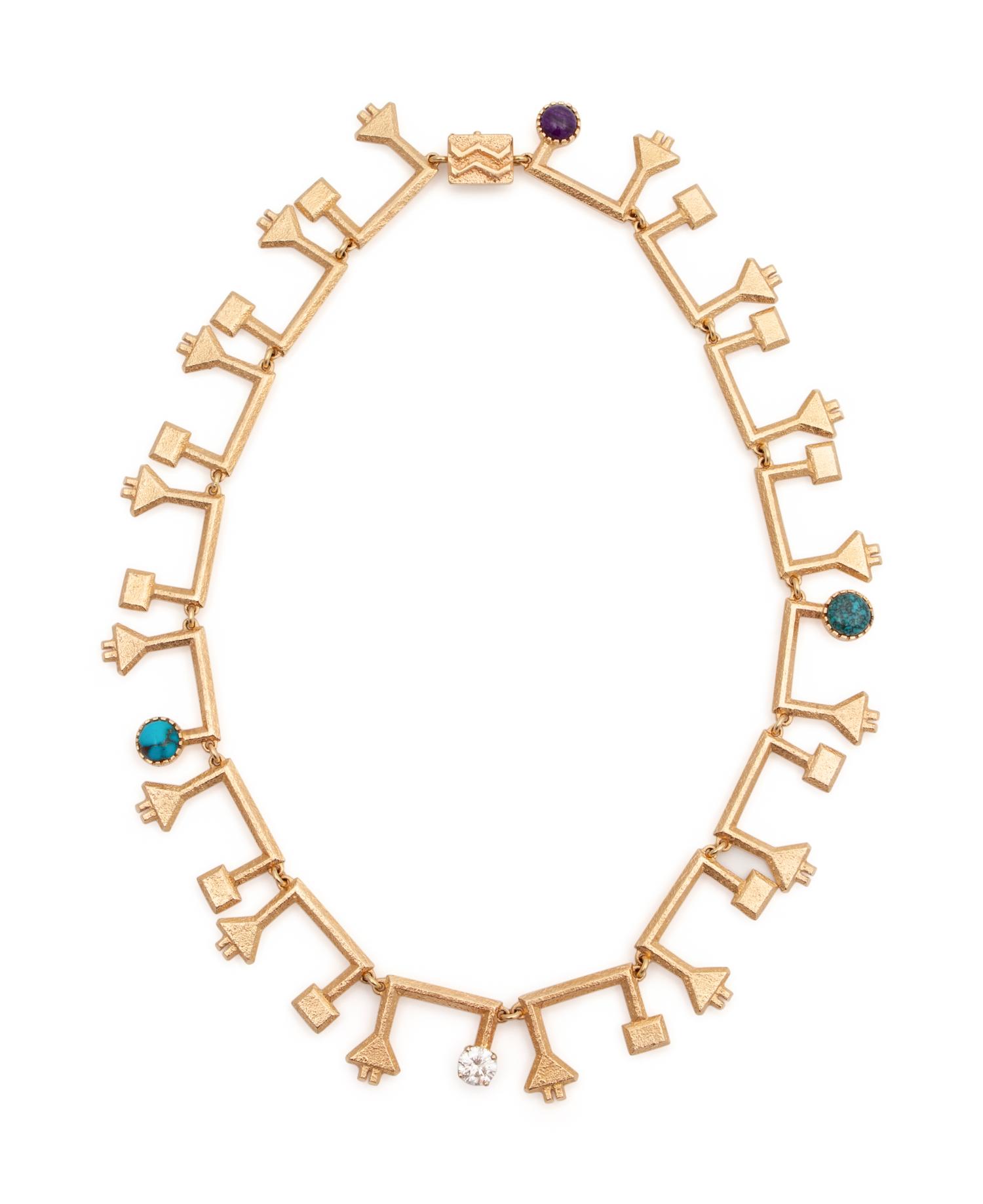 14k Gold Tufa Cast Necklace with Turquoise and Diamonds, Matching Earrings Lot is located and will ship from Denver, Colorado