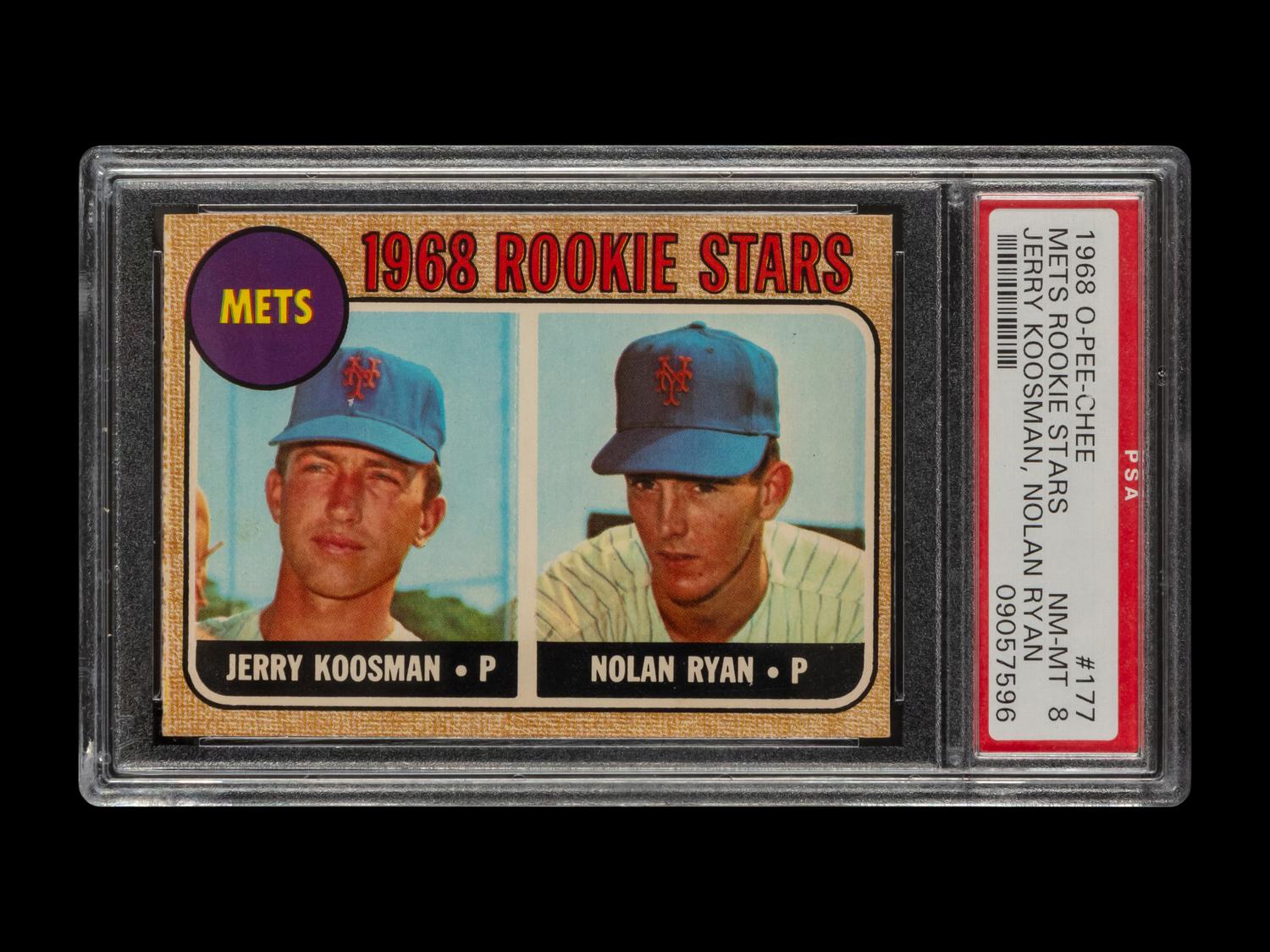 A 1968 O-Pee-Chee OPC Nolan Ryan Rookie Baseball Card No. 177 (PSA 8 NM-MT; POP 13 - NONE HIGHER)