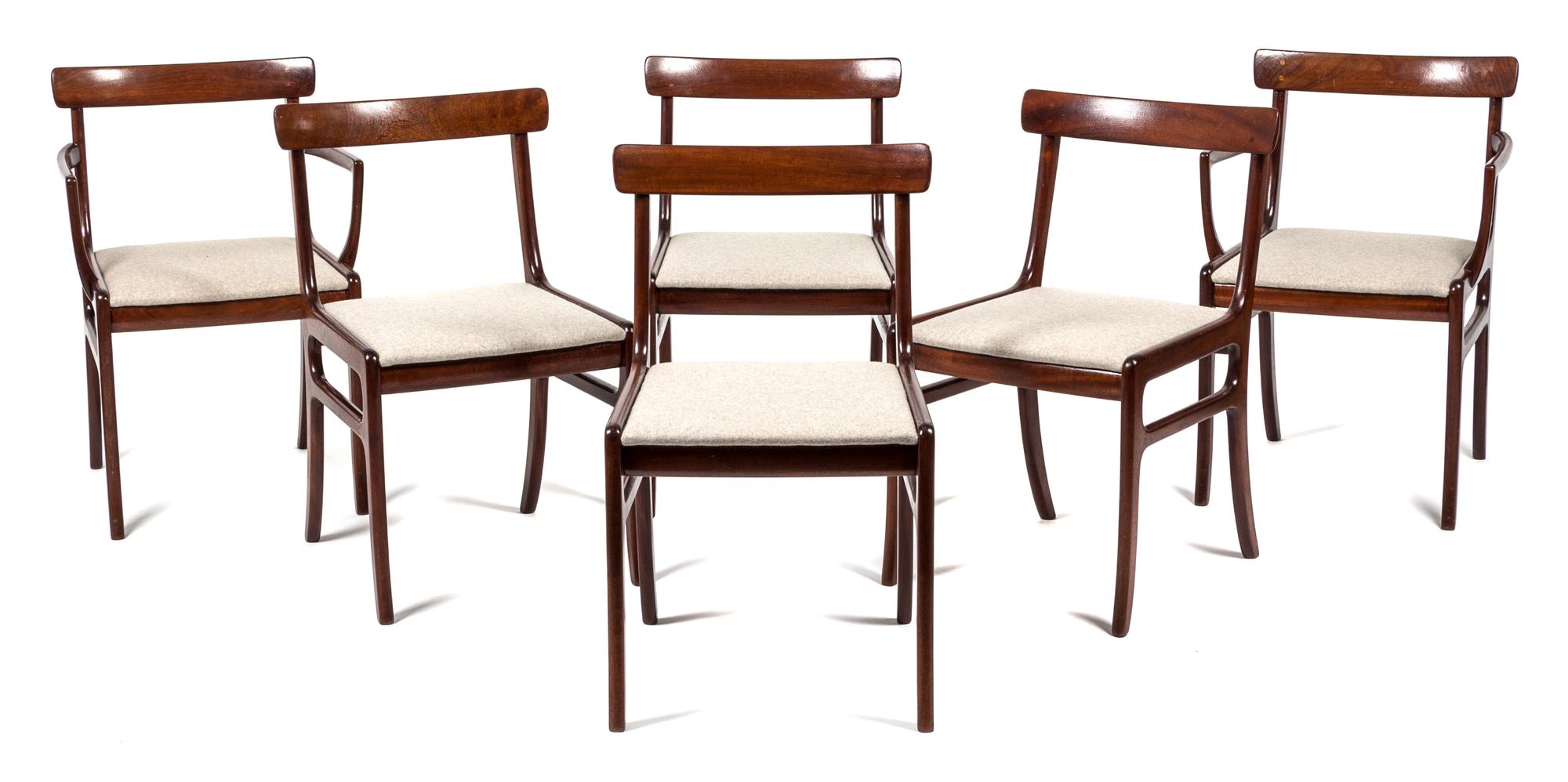 A Set of Six Rungstedlund Dining Chairs, Ole Wanscher for P. Jeppesen Height 31 inches.