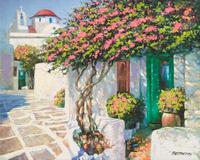 Howard Behrens, (American, 1933-2014), Terrace with Bougainvillea