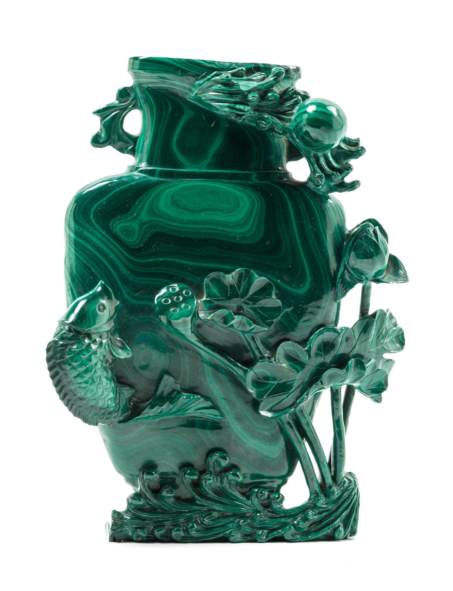 A Chinese Carved Malachite Vase Height 7 5/8 inches. — 20TH CENTURY