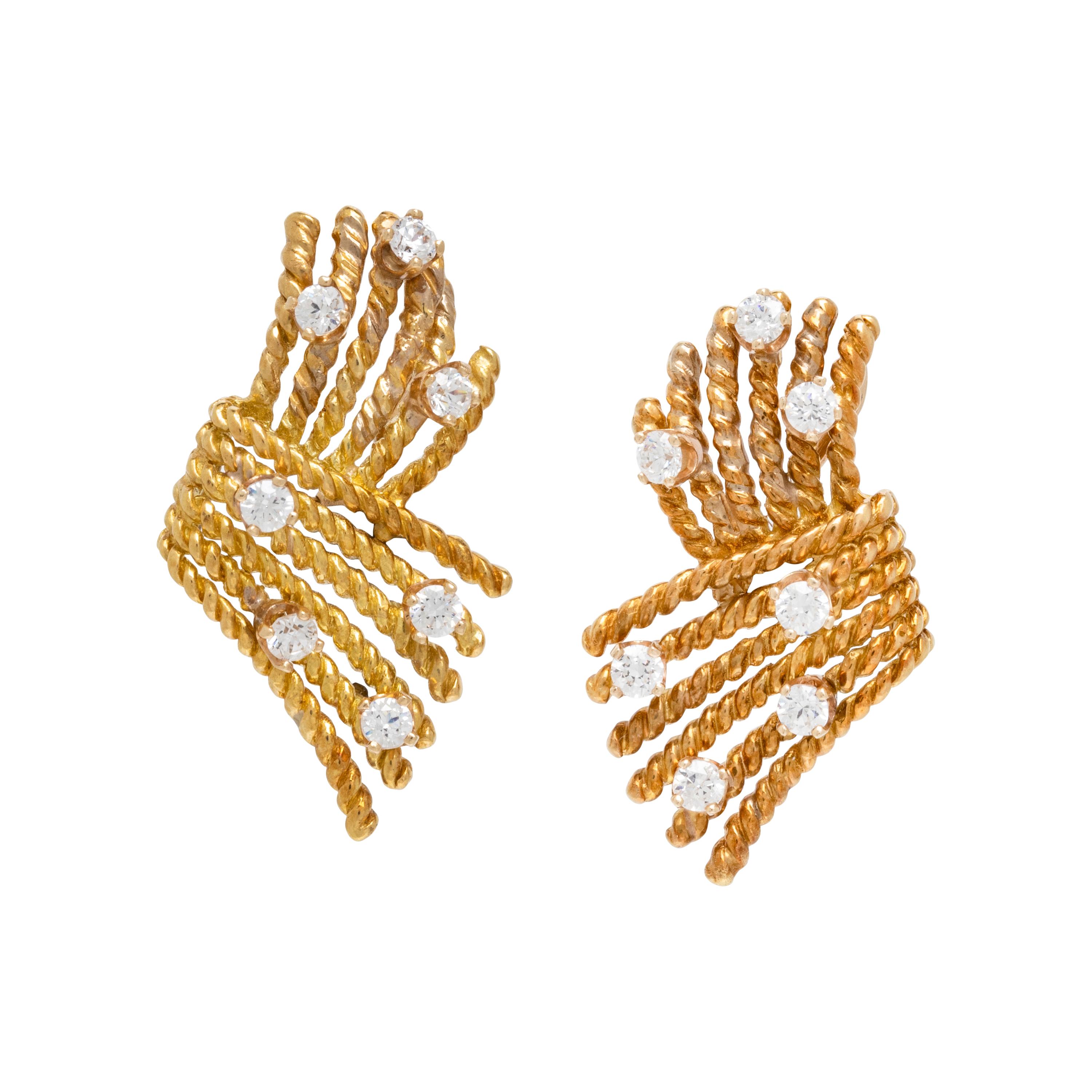 Yellow Gold and Diamond Fan Earrings