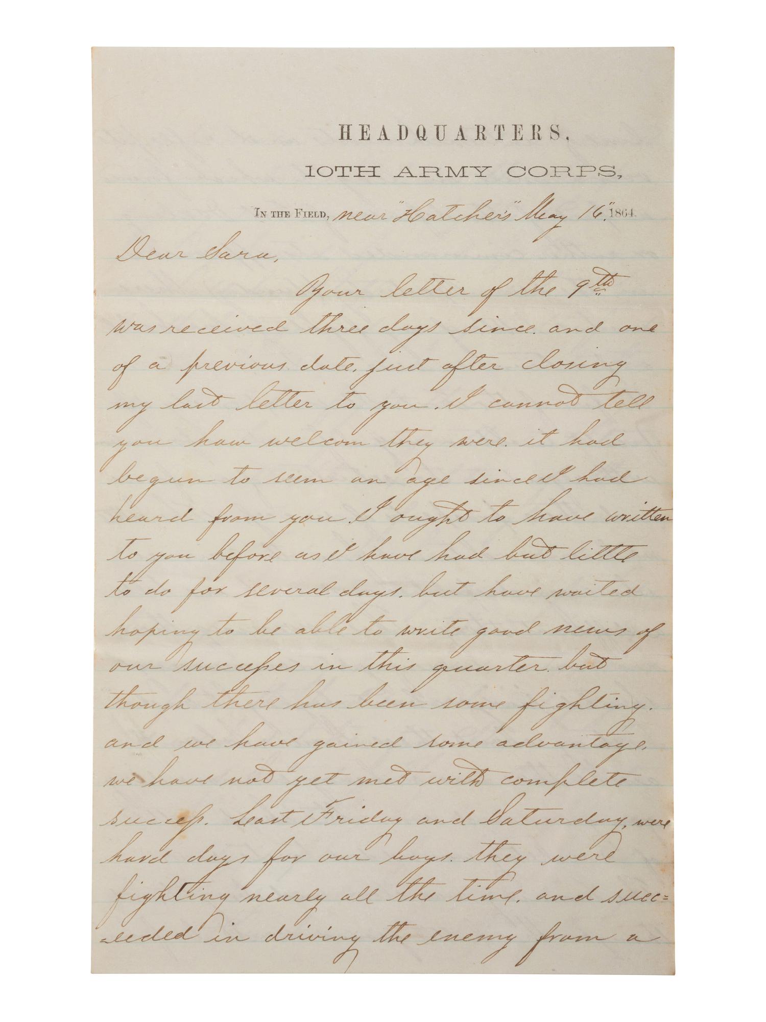 [CIVIL WAR]. War-date letters of Corporal Edwin J. Barden, 7th Regiment Connecticut Volunteer Infantry, combat soldier and later clerk at Headquarters Department of the South, Headquarters X Corps, and Headquarters US Army, Office of Chief Commissary.