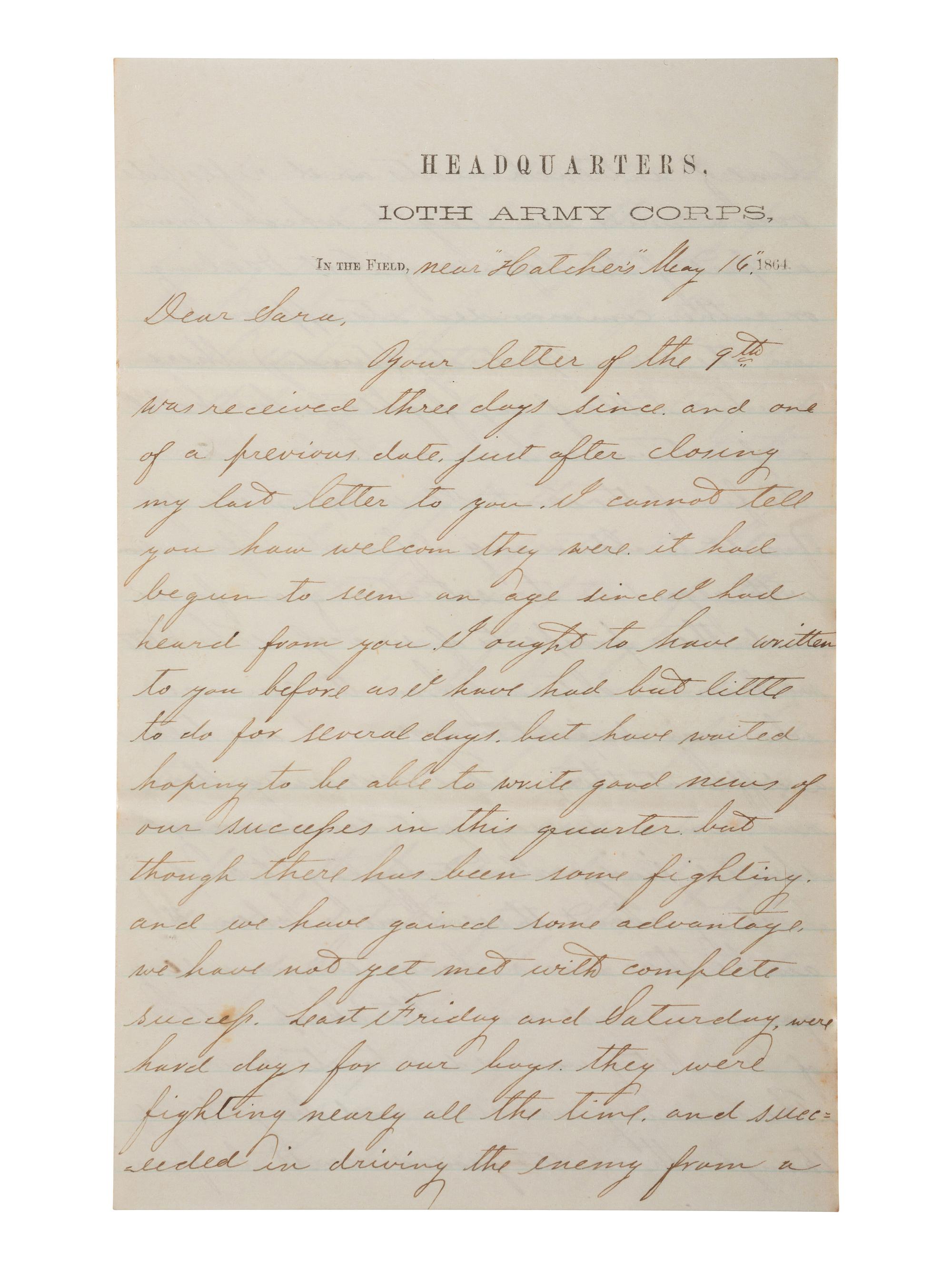[CIVIL WAR]. War-date letters of Corporal Edwin J. Barden, 7th Regiment Connecticut Volunteer Infantry, combat soldier and later clerk at Headquarters Department of the South, Headquarters X Corps, and Headquarters US Army, Office of Chief Commissary.
