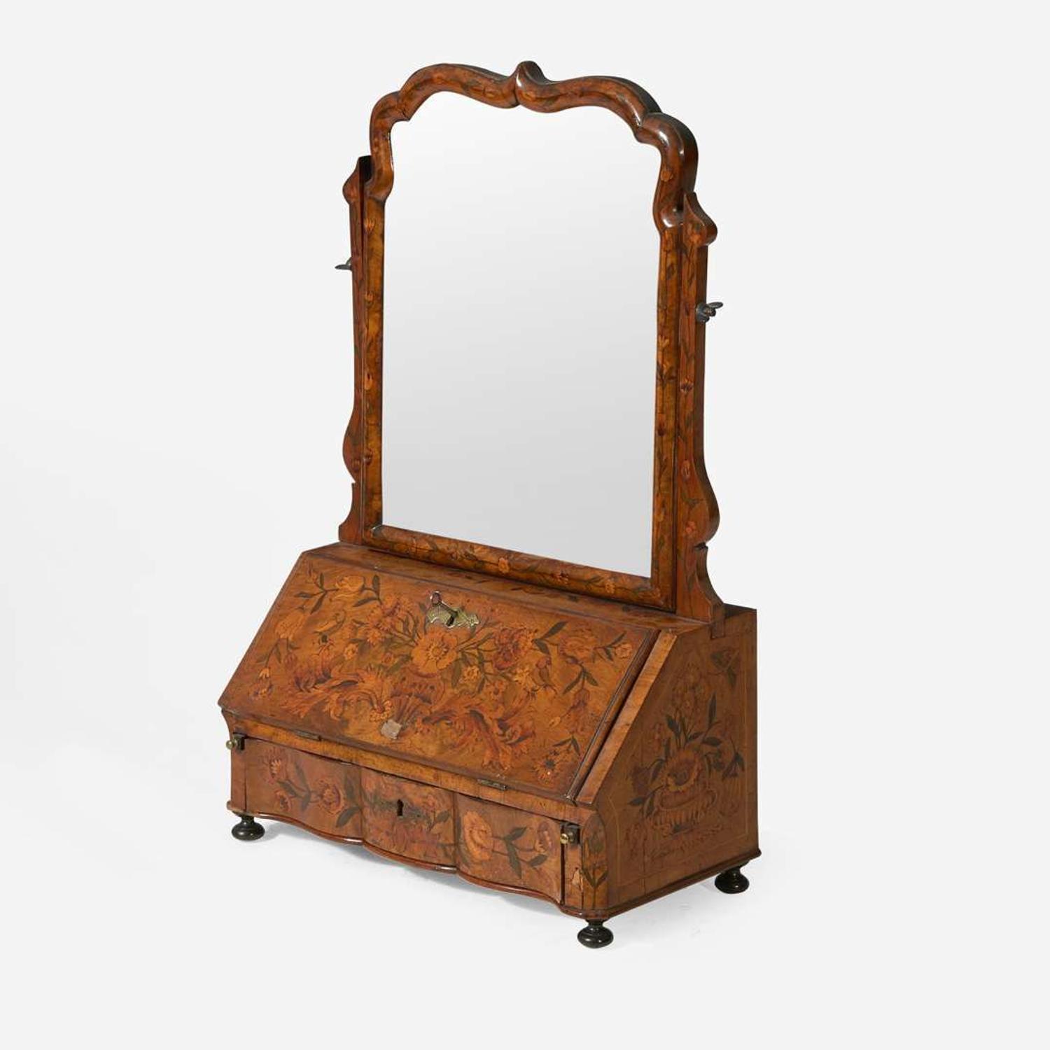 A Dutch William & Mary walnut marquetry stand, box, and dressing mirror, 18th / 19th century