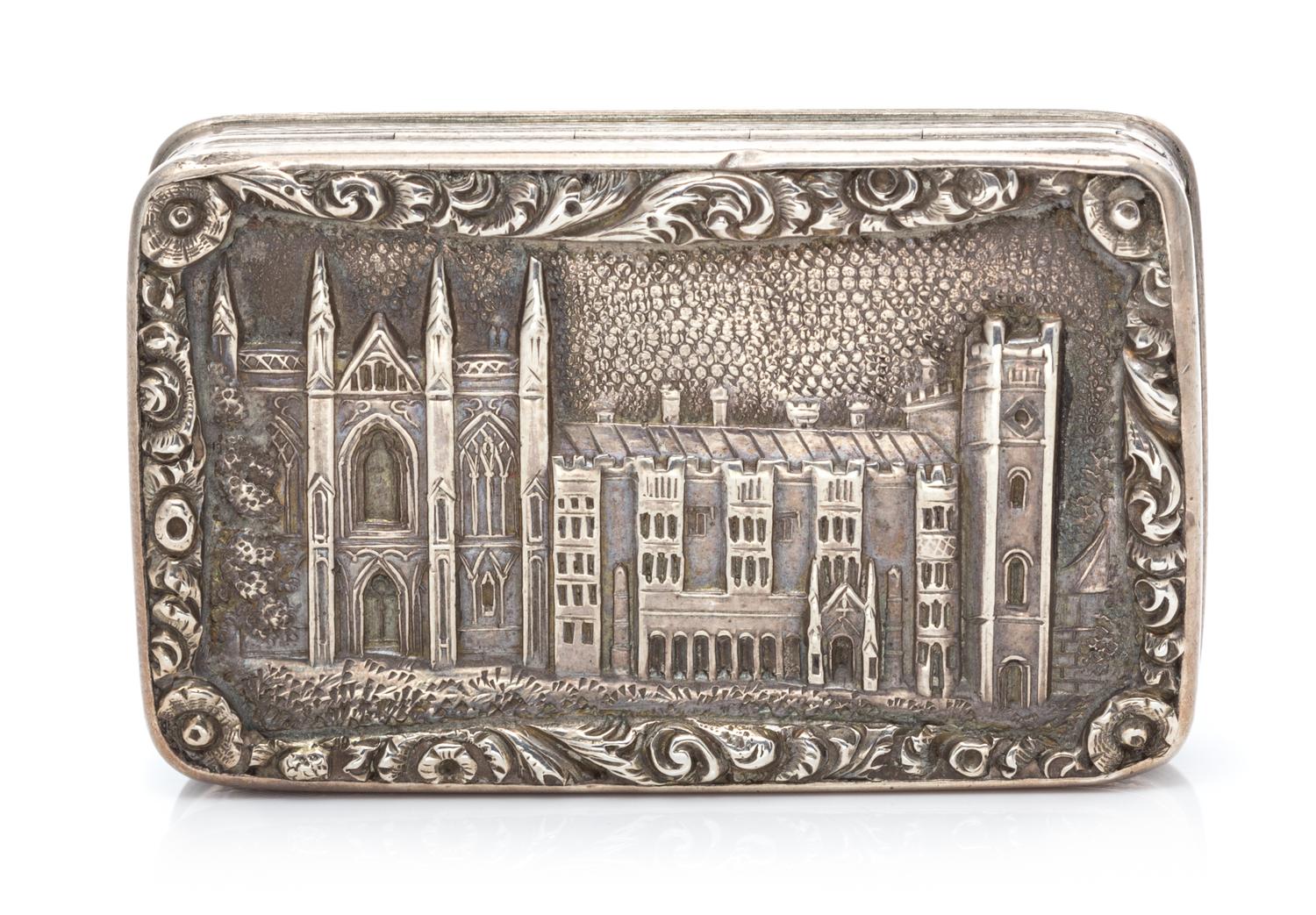 A Victorian Silver Vinaigrette, Taylor & Perry, Birmingham, 1838, the lid decorated with a scene of Newstead Abbey surrounded by a flor