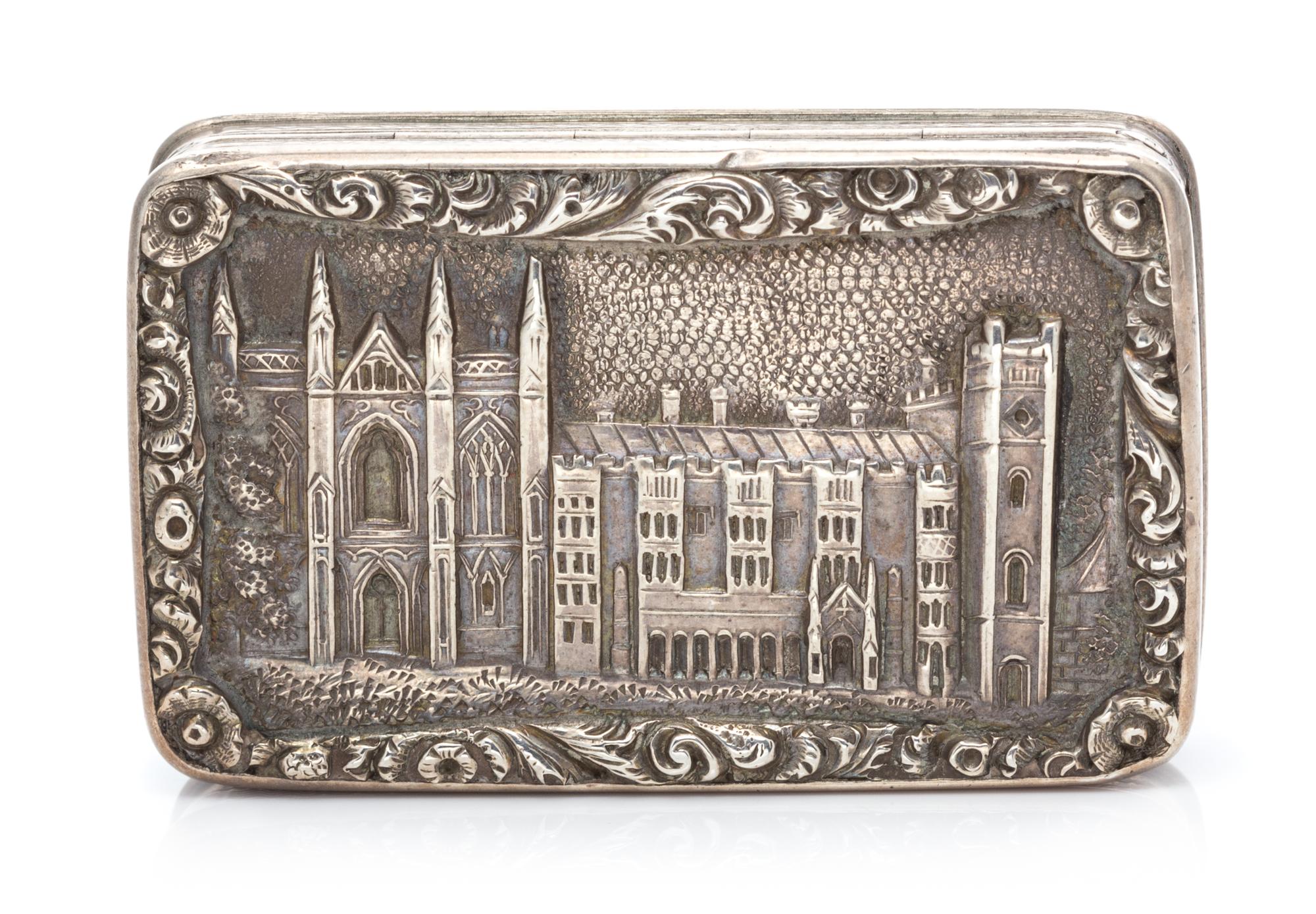 A Victorian Silver Vinaigrette, Taylor & Perry, Birmingham, 1838, the lid decorated with a scene of Newstead Abbey surrounded by a flor