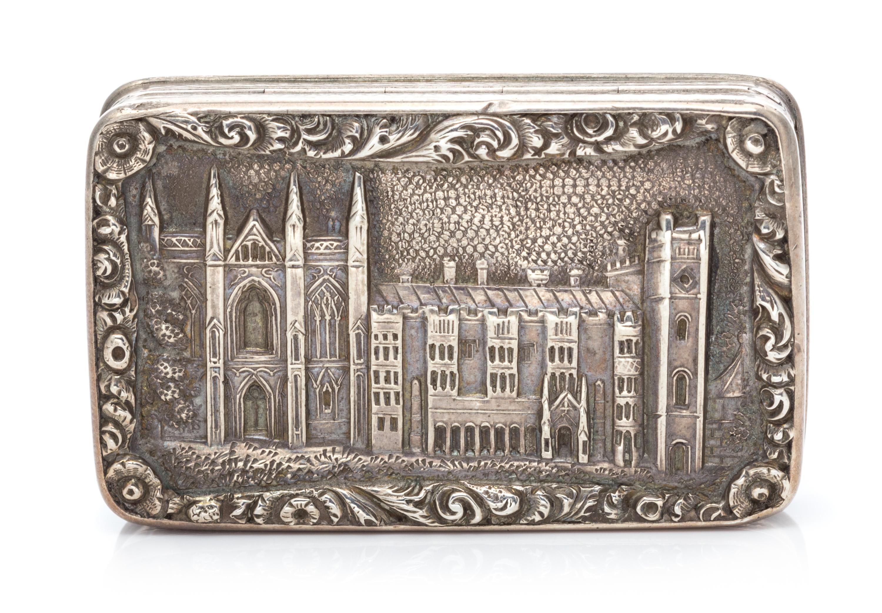 A Victorian Silver Vinaigrette, Taylor & Perry, Birmingham, 1838, the lid decorated with a scene of Newstead Abbey surrounded by a flor
