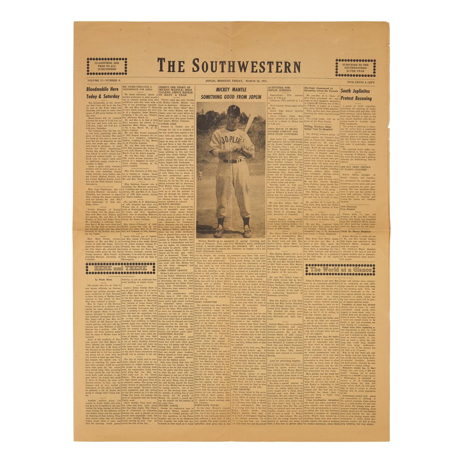 [Baseball] [Mantle, Mickey] Mickey Mantle's First Cover : The Earliest Front-Page Newspaper Image of Mickey Mantle, "Something Good from Joplin"