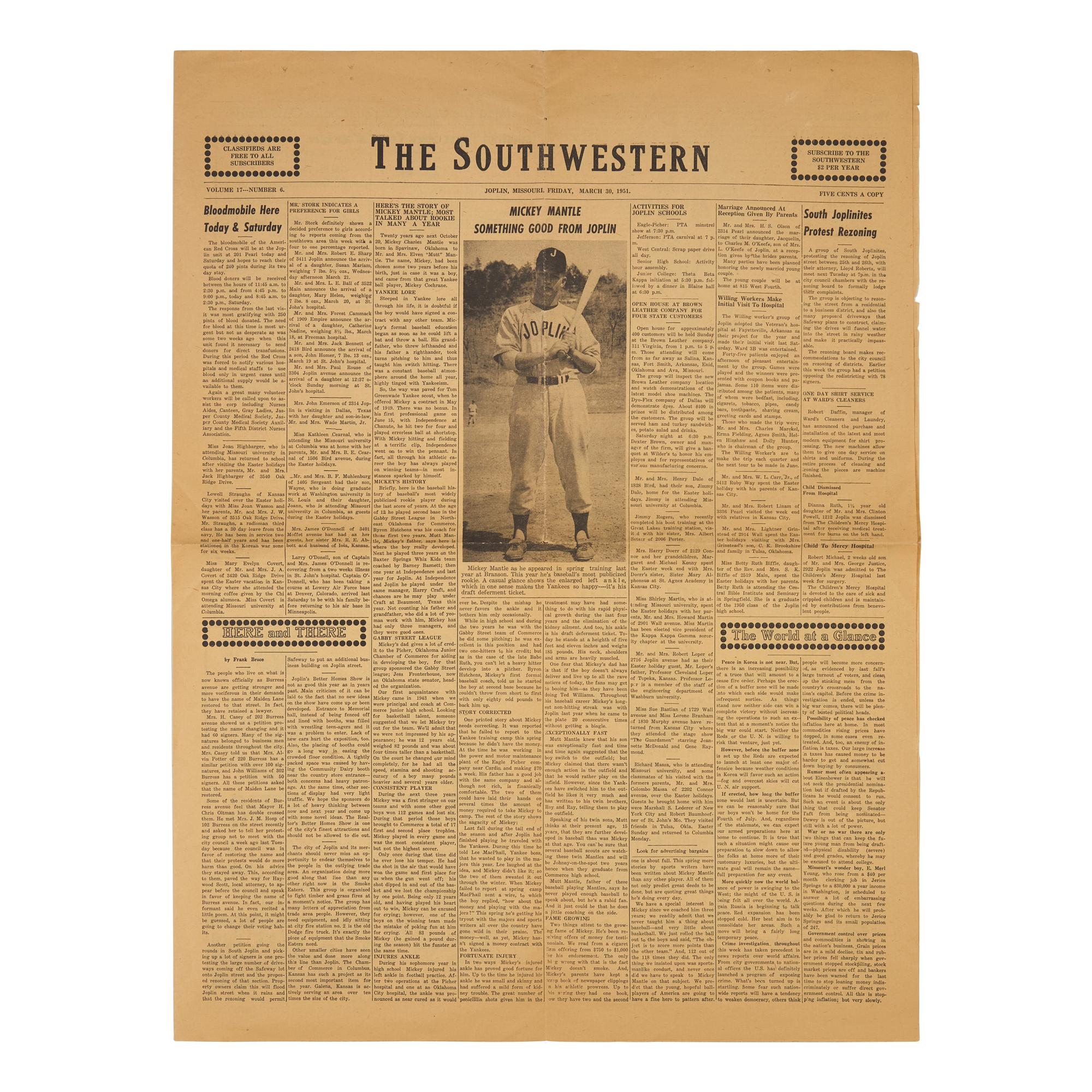 [Baseball] [Mantle, Mickey] Mickey Mantle's First Cover : The Earliest Front-Page Newspaper Image of Mickey Mantle, "Something Good from Joplin"