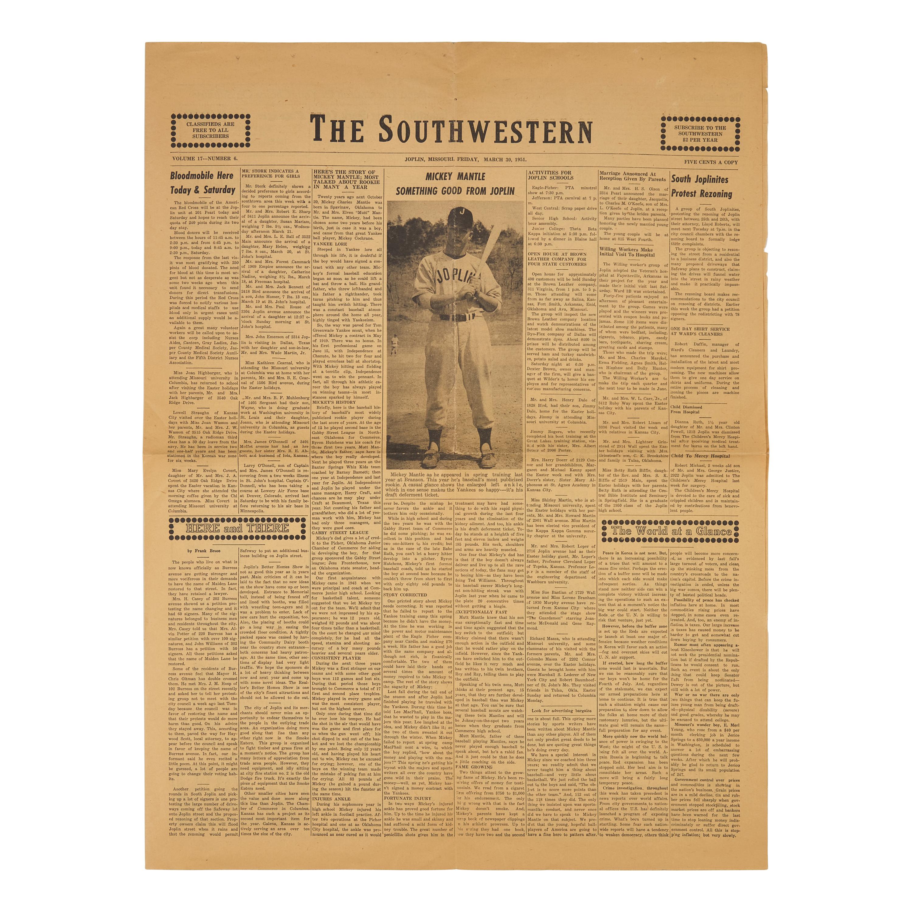 [Baseball] [Mantle, Mickey] Mickey Mantle's First Cover : The Earliest Front-Page Newspaper Image of Mickey Mantle, "Something Good from Joplin"