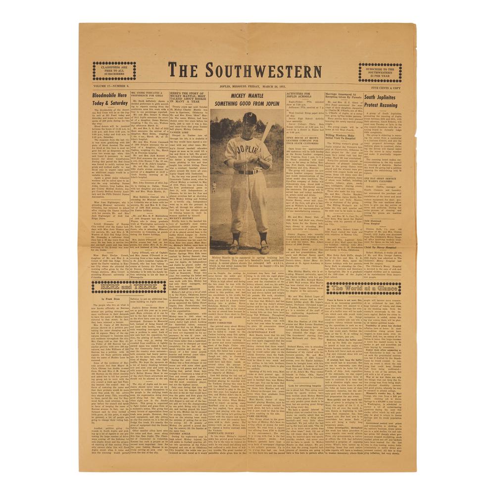 [Baseball] [Mantle, Mickey] Mickey Mantle's First Cover : The Earliest Front-Page Newspaper Image of Mickey Mantle, "Something Good from Joplin"