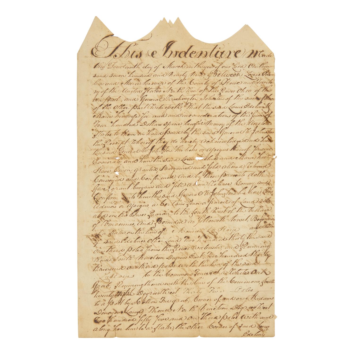 [American Frontier] An Early Northwest Territory Land Indenture Issued to General Washington Johnston