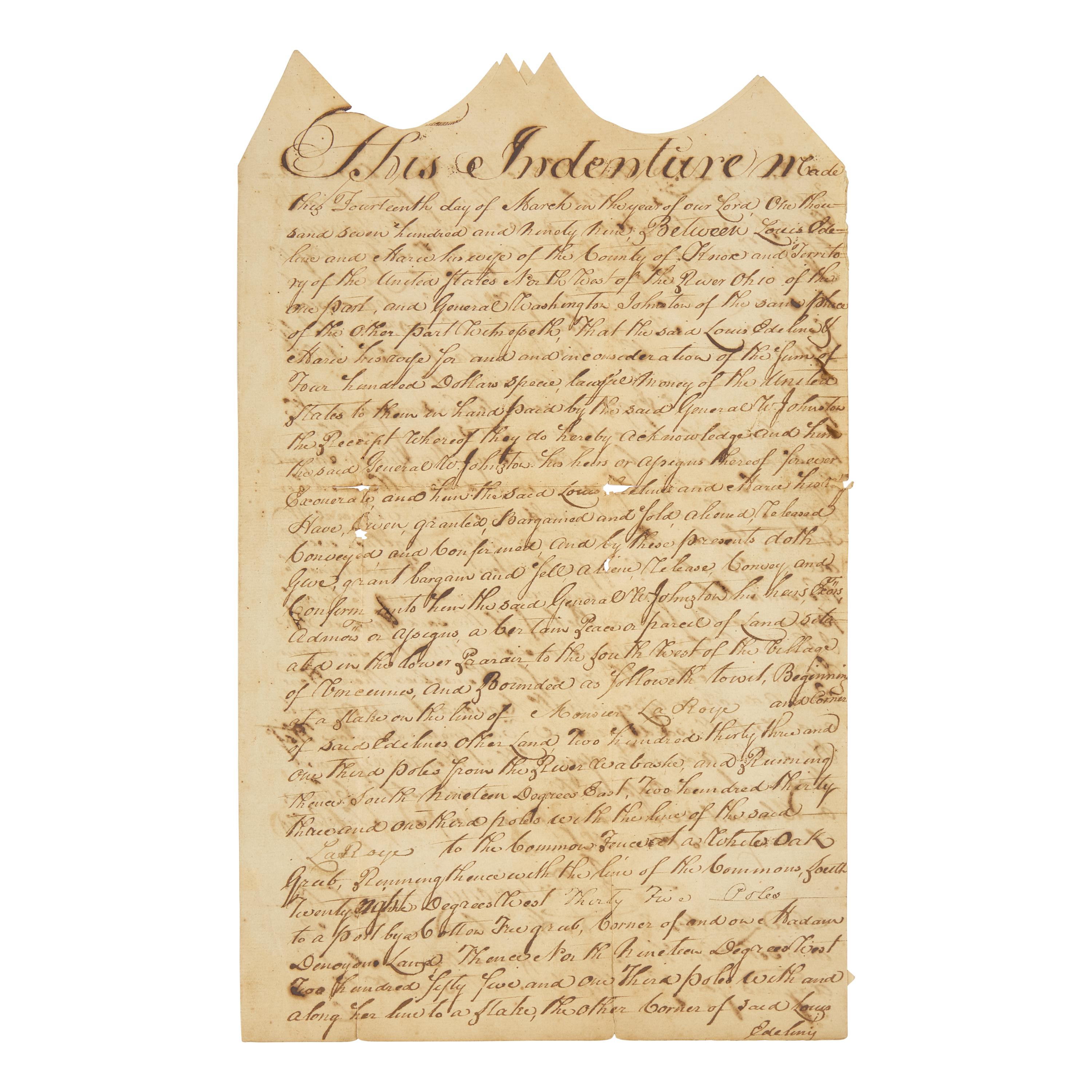 [American Frontier] An Early Northwest Territory Land Indenture Issued to General Washington Johnston