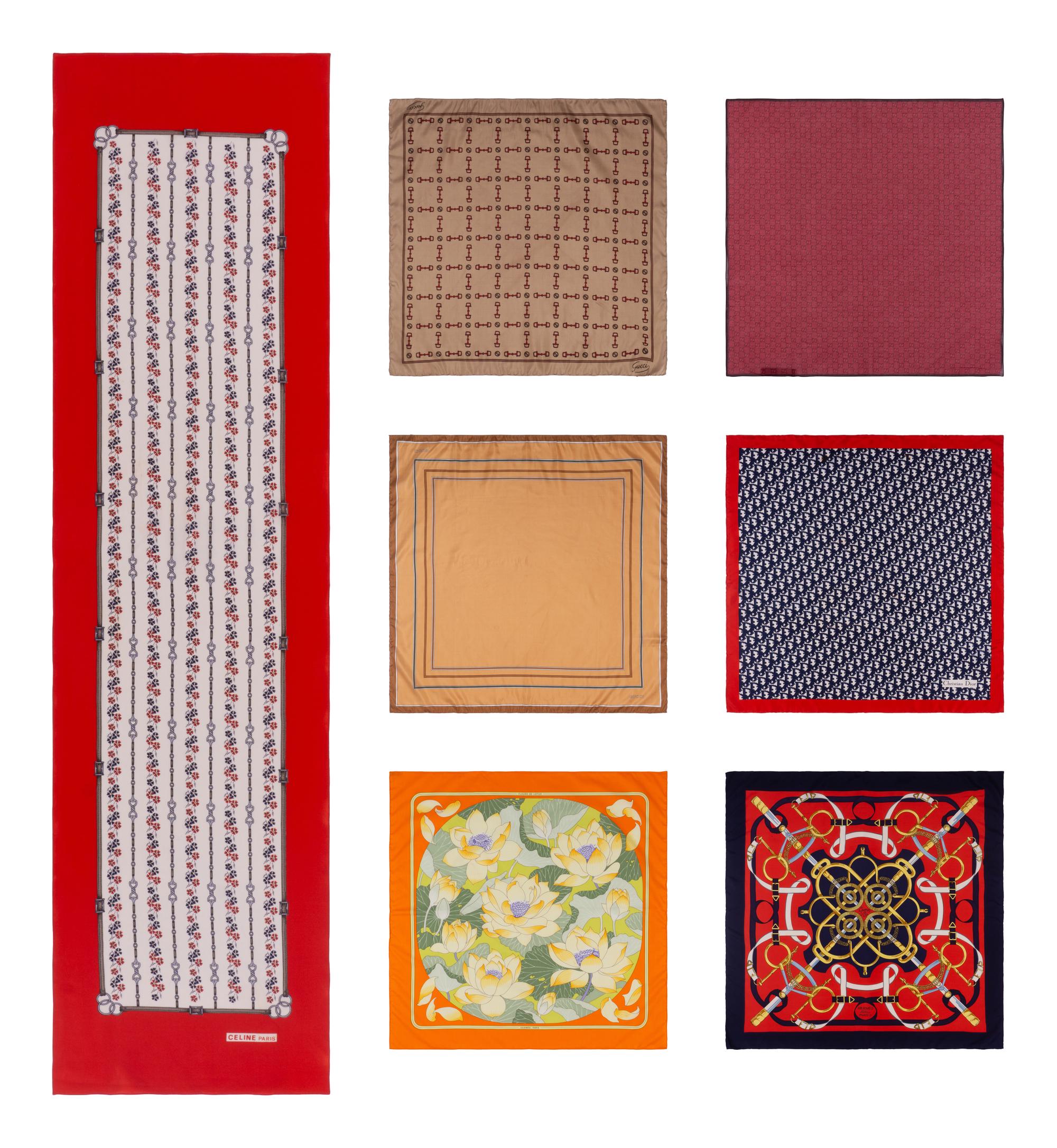 Group of Seven Designer Scarves by Hermès, Gucci, and Celine