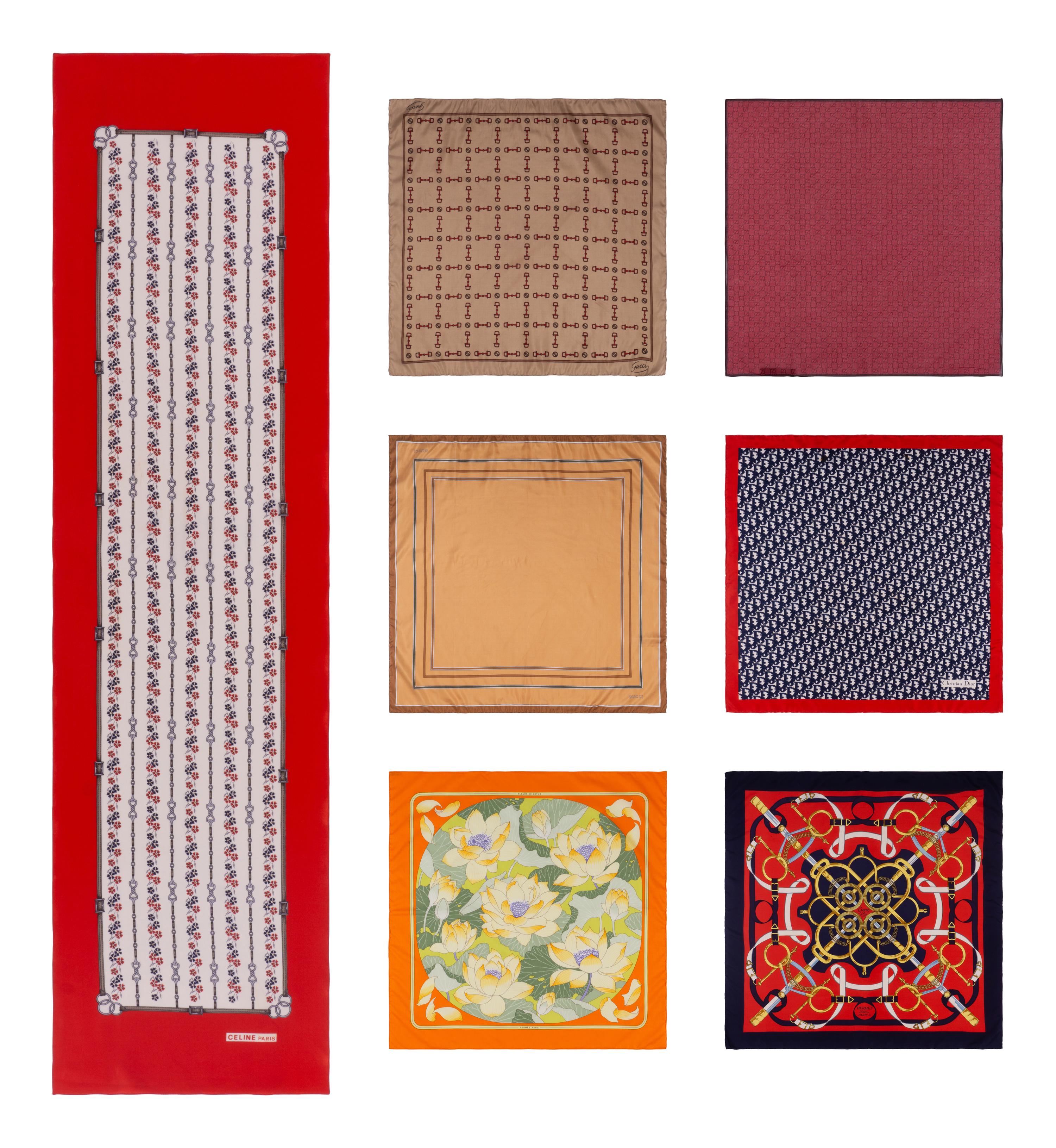 Group of Seven Designer Scarves by Hermès, Gucci, and Celine