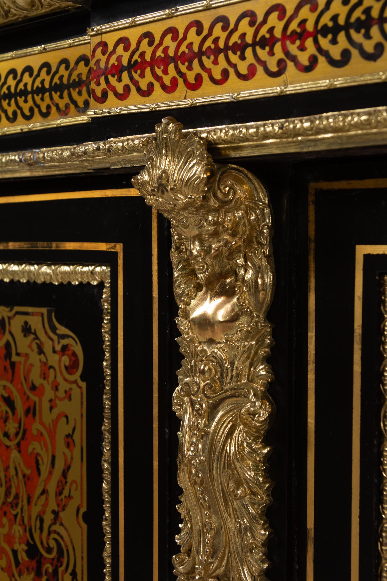 A Napoleon III Style Simulated Tortoiseshell and Brass Inlaid Marble-Top Sideboard