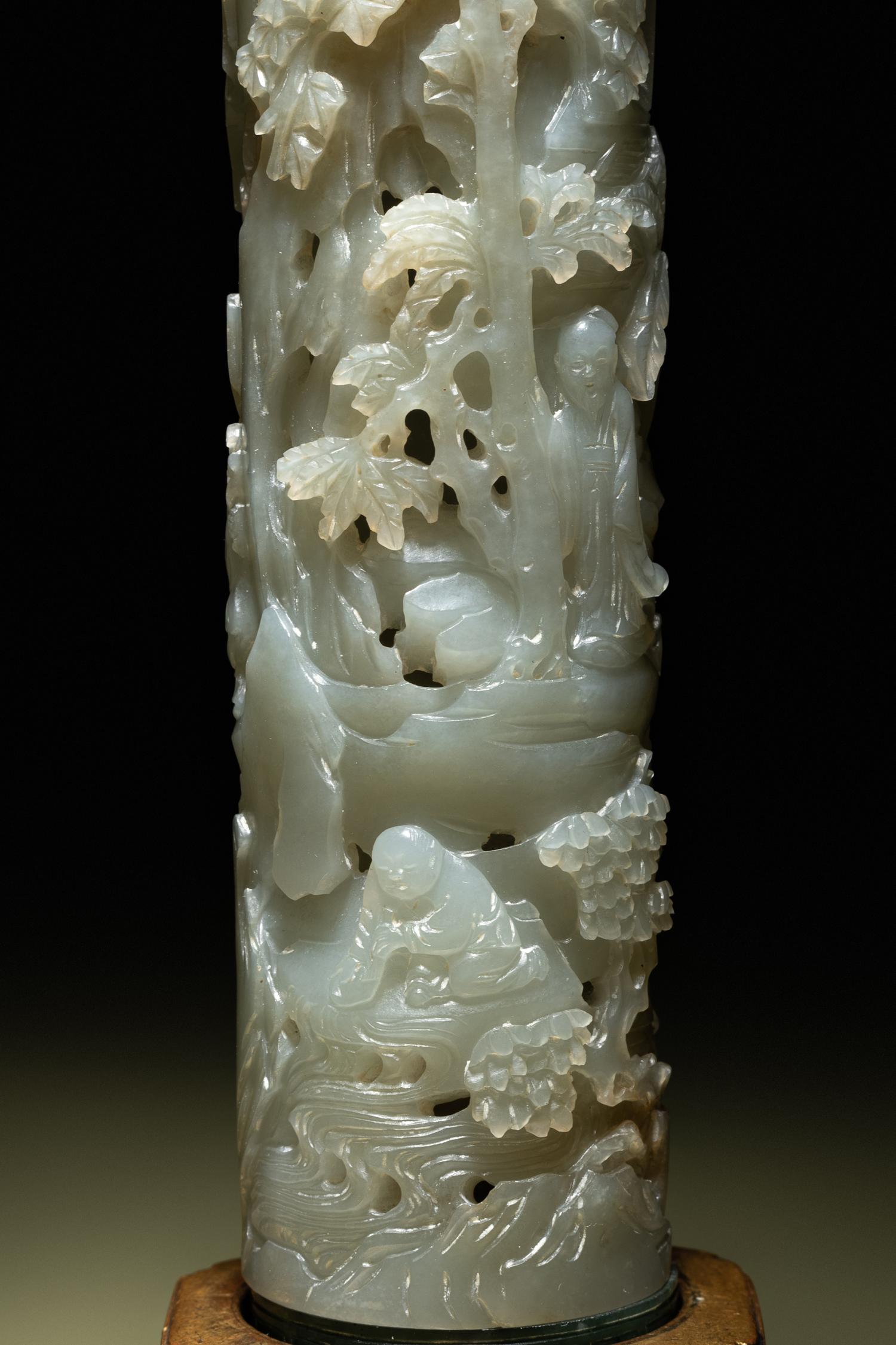 A Pair of Carved Celadon Jade Cylindrical Parfumiers