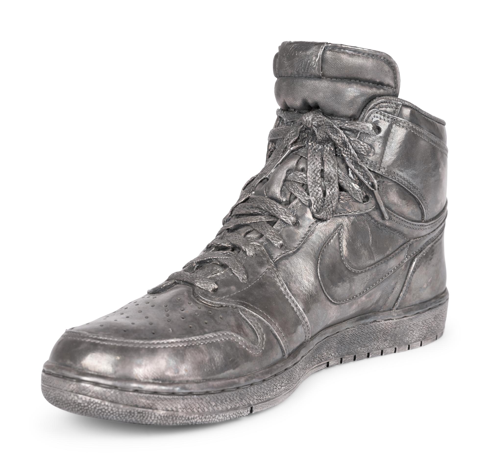 A Nike Air Jordan 1 Silver Cast Basketball Shoe Crafted for Michael Jordan's 32nd Birthday