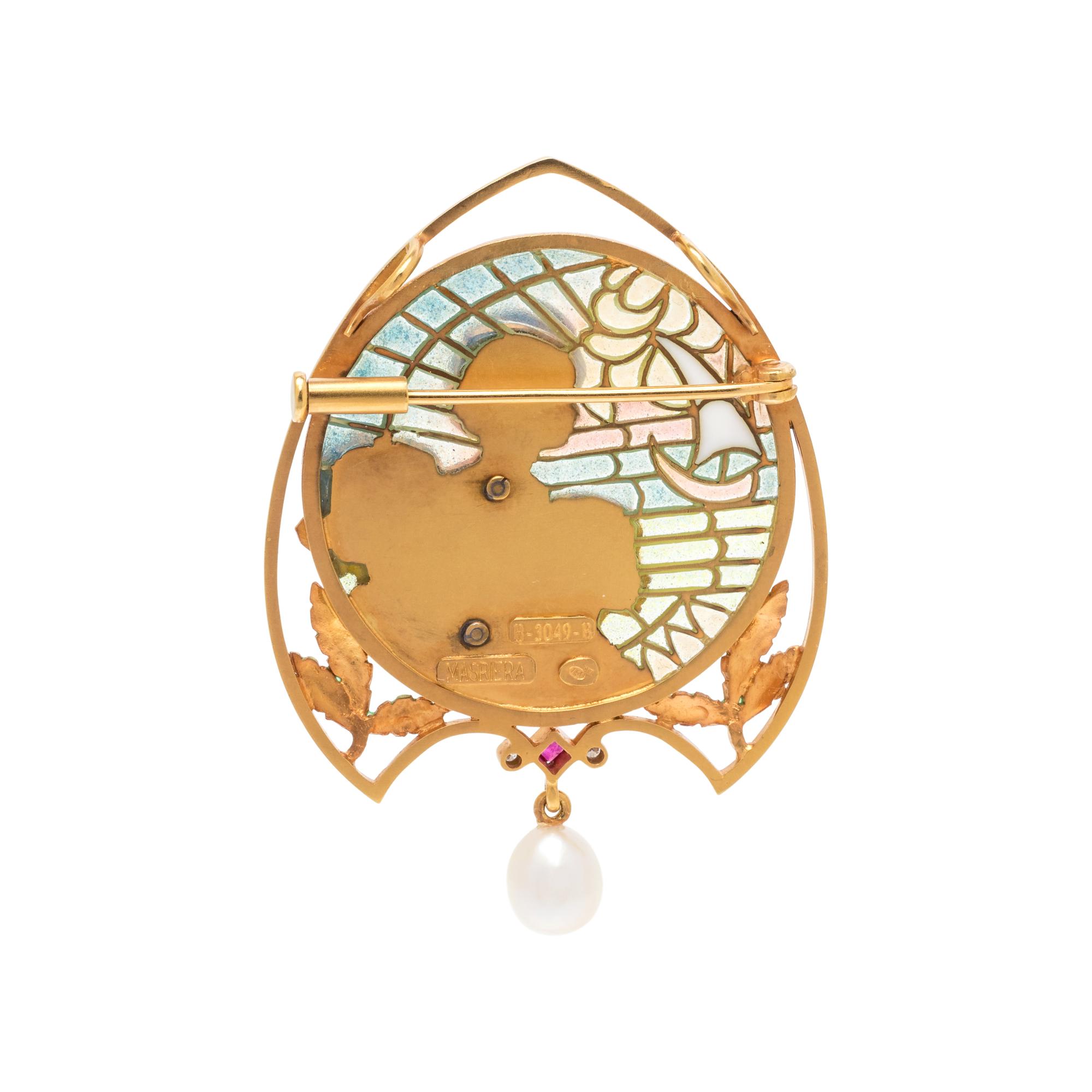 MASRIERA, PLIQUE-À-JOUR ENAMEL AND CULTURED PEARL PENDANT/BROOCH