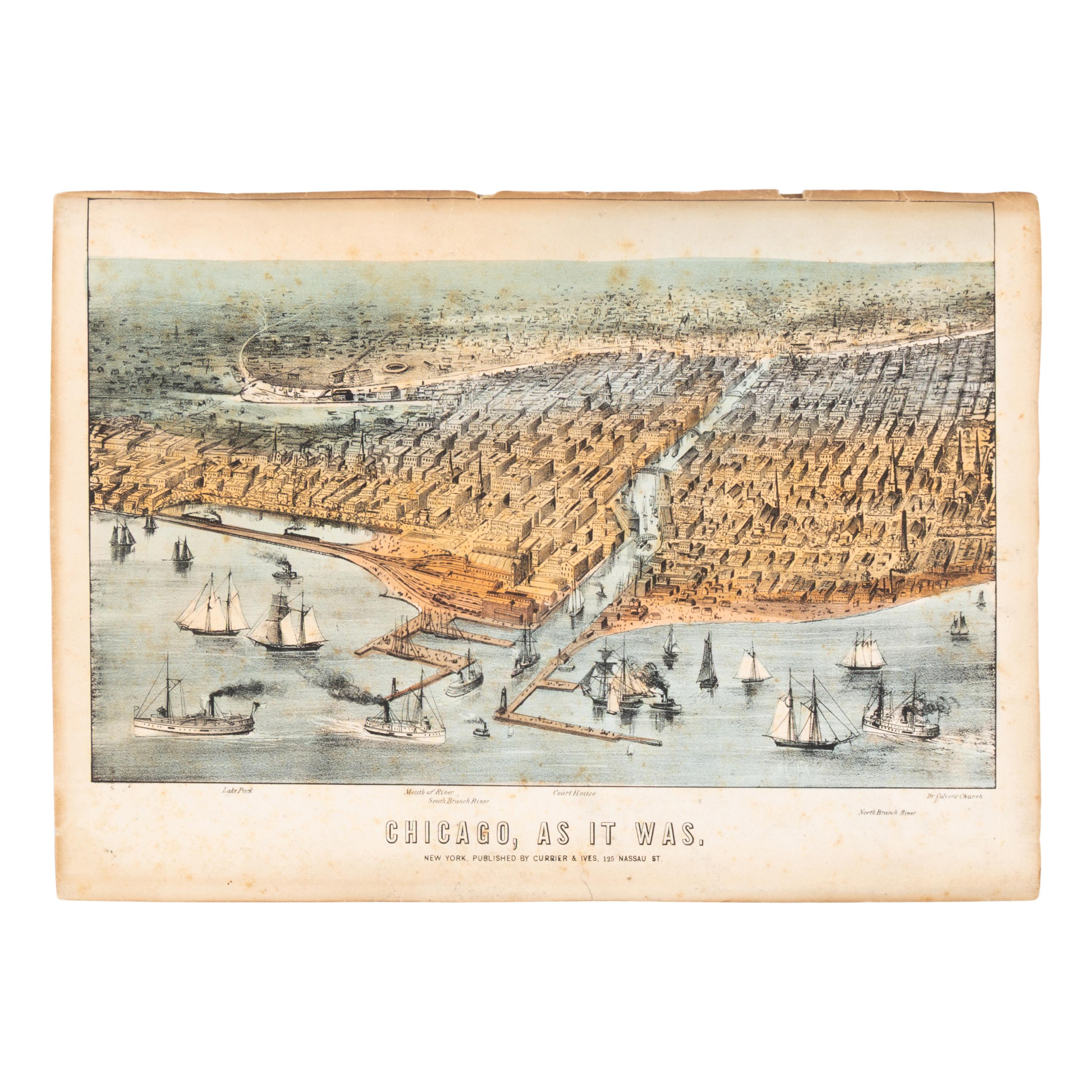 [Chicago Fire]. A group of 10 prints and 2 paintings, showing views of Chicago before and after the Great Fire, including:
