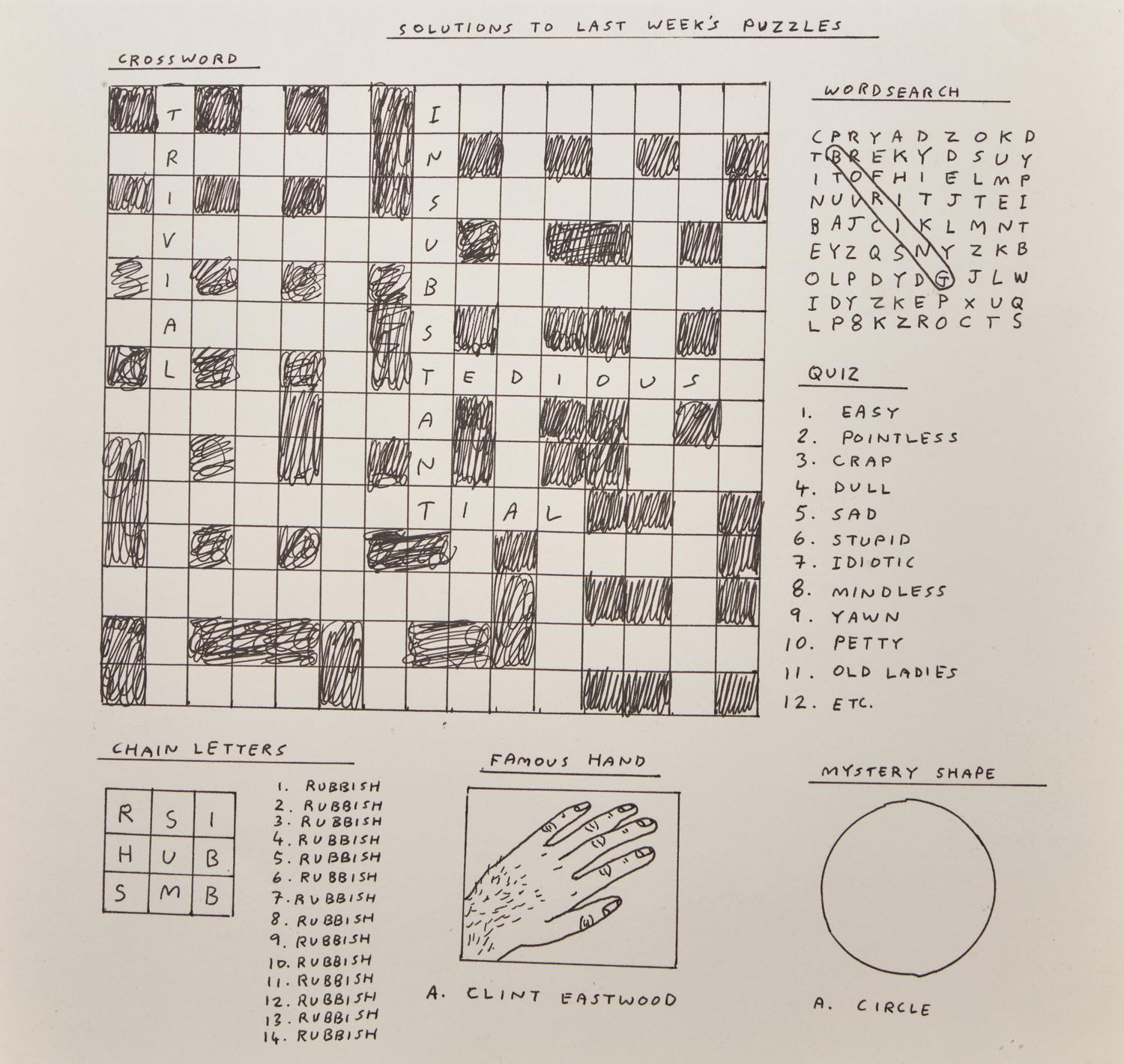 Untitled (Bam!) , 1997, Untitled (Draughtsman takes a shower) , 1997, Untitled (Dear Your Majesty) , 1997-99, Untitled (Trademarks) , 1999, Untitled (Crossword) , 1998 and Untitled , 2003 (a group of 6 works)