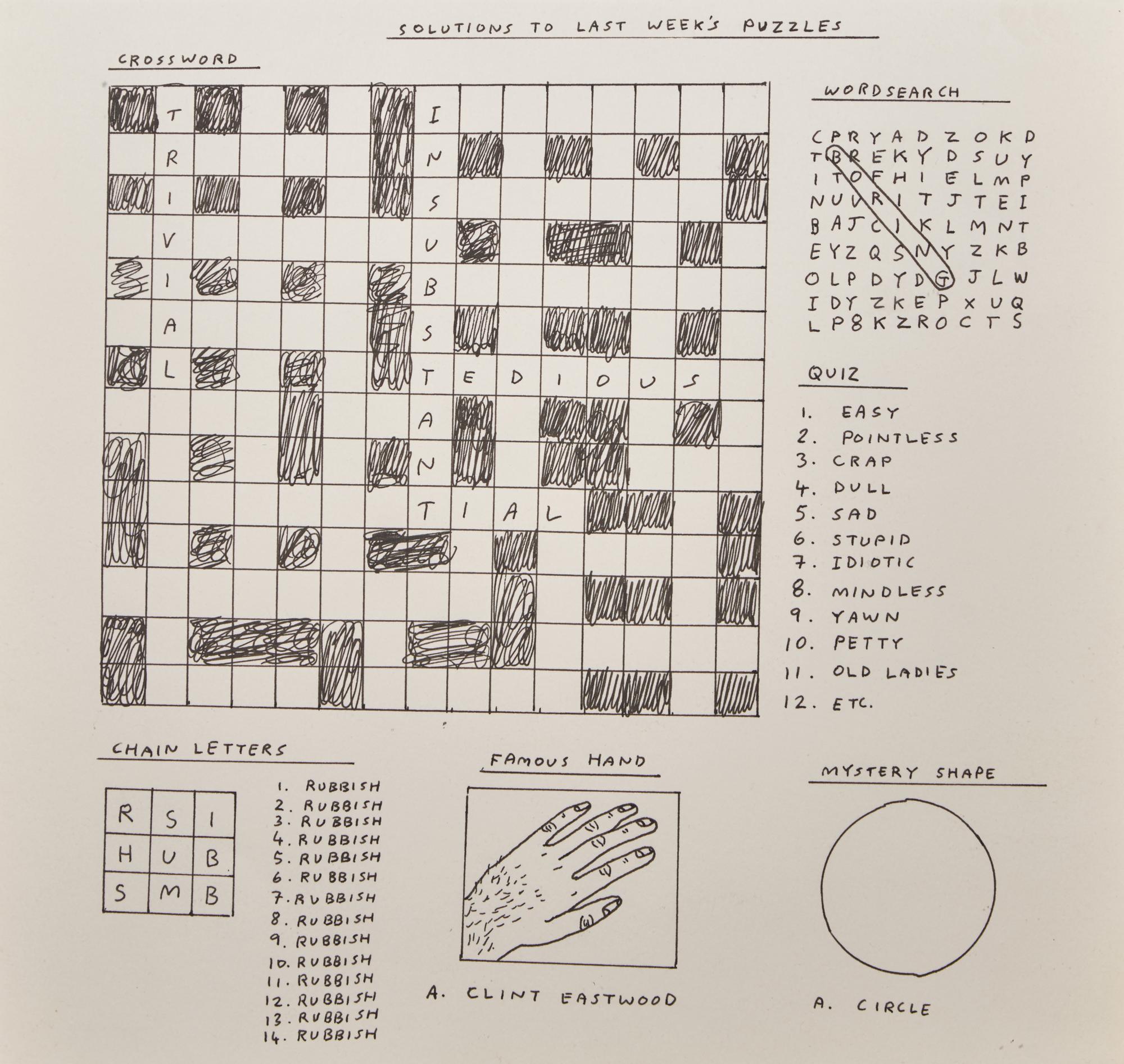 Untitled (Bam!) , 1997, Untitled (Draughtsman takes a shower) , 1997, Untitled (Dear Your Majesty) , 1997-99, Untitled (Trademarks) , 1999, Untitled (Crossword) , 1998 and Untitled , 2003 (a group of 6 works)